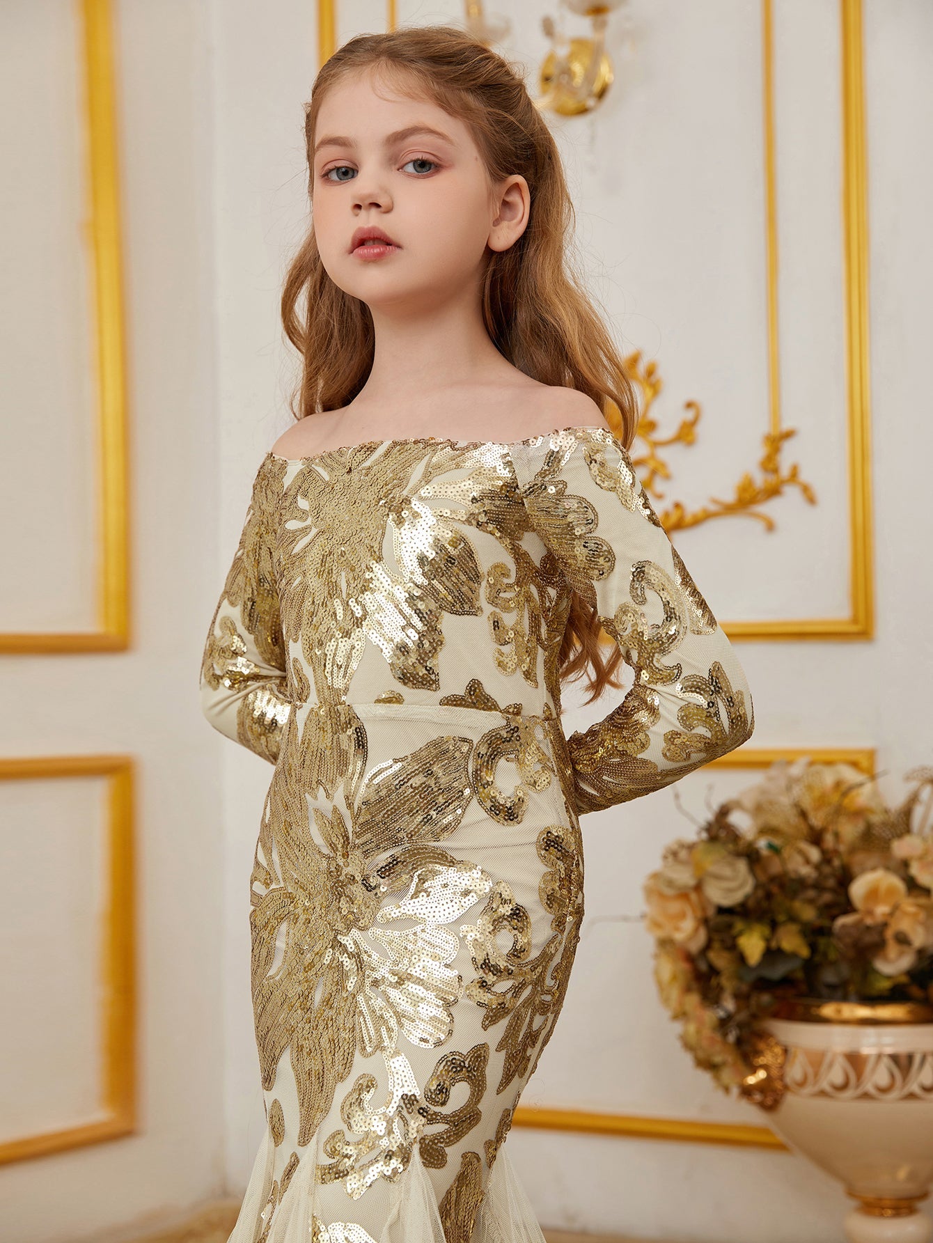 Tween Girls' Off Shoulder Long Sleeves Contrast Mesh Mermaid Hem Floral Sequin Party Dress