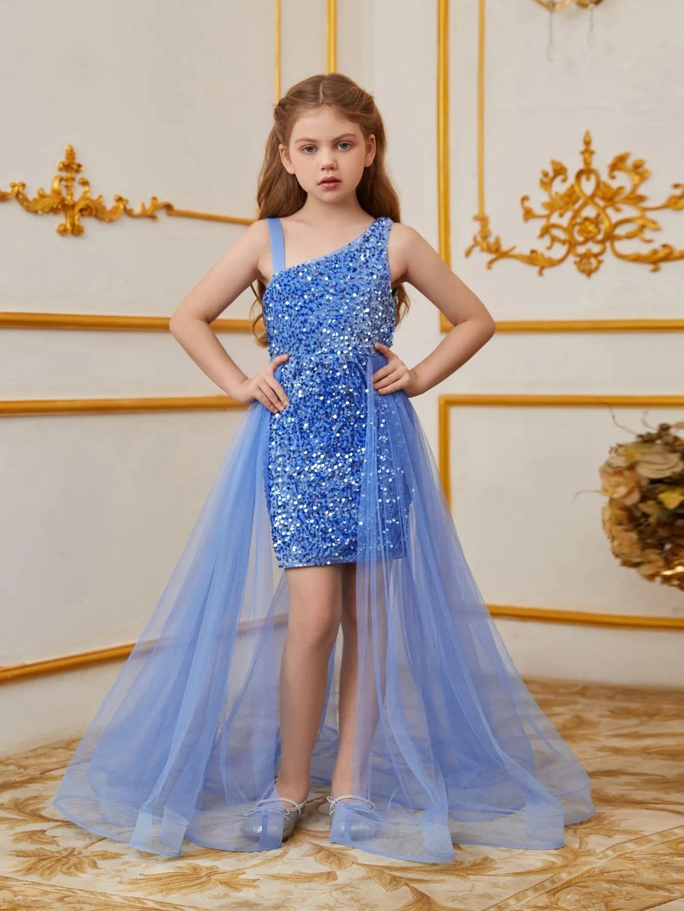 Tween Girls' Asymmetrical Neckline Mesh Overlay Sequin Dress