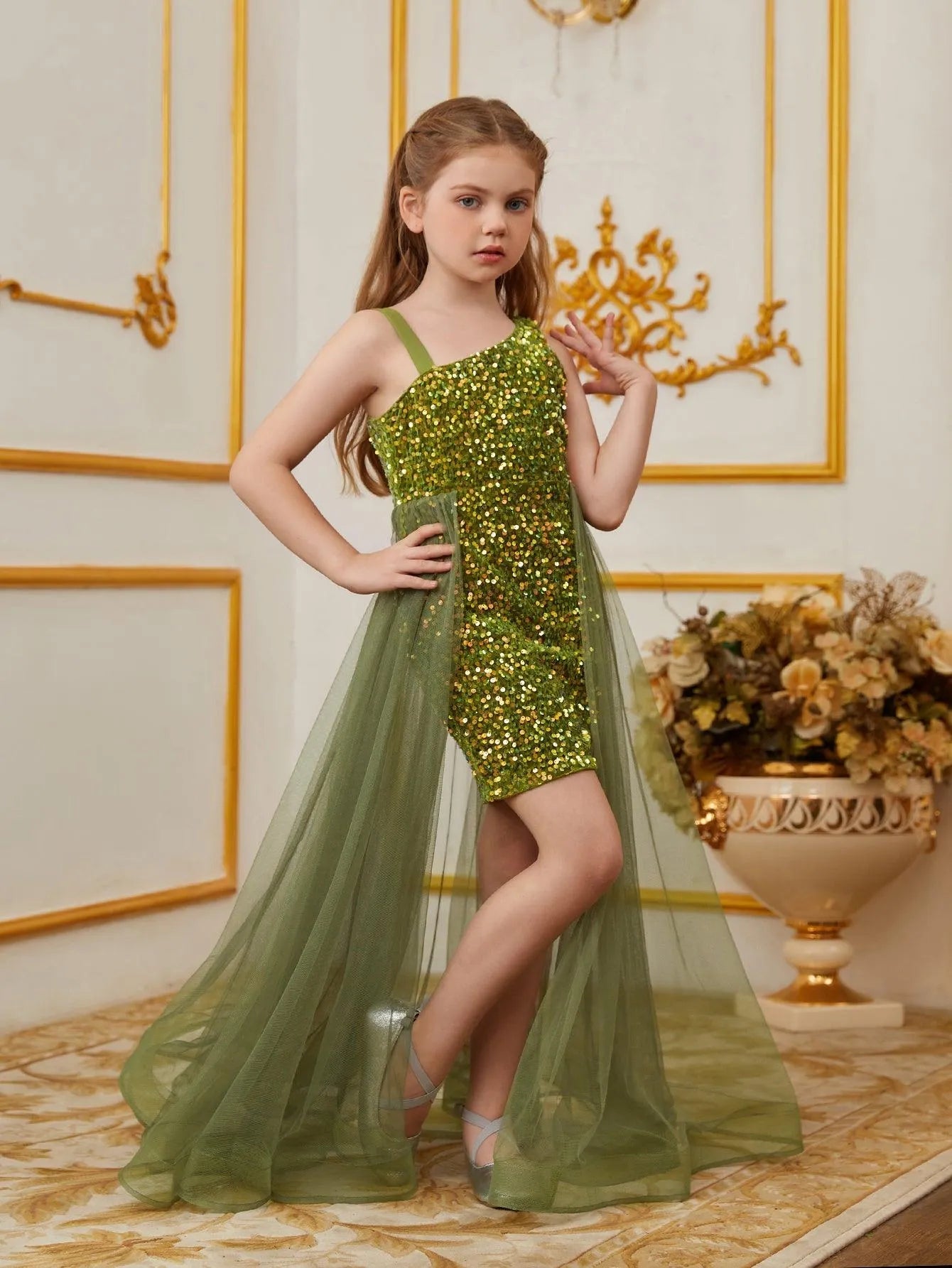 Tween Girls' Asymmetrical Neckline Mesh Overlay Sequin Dress