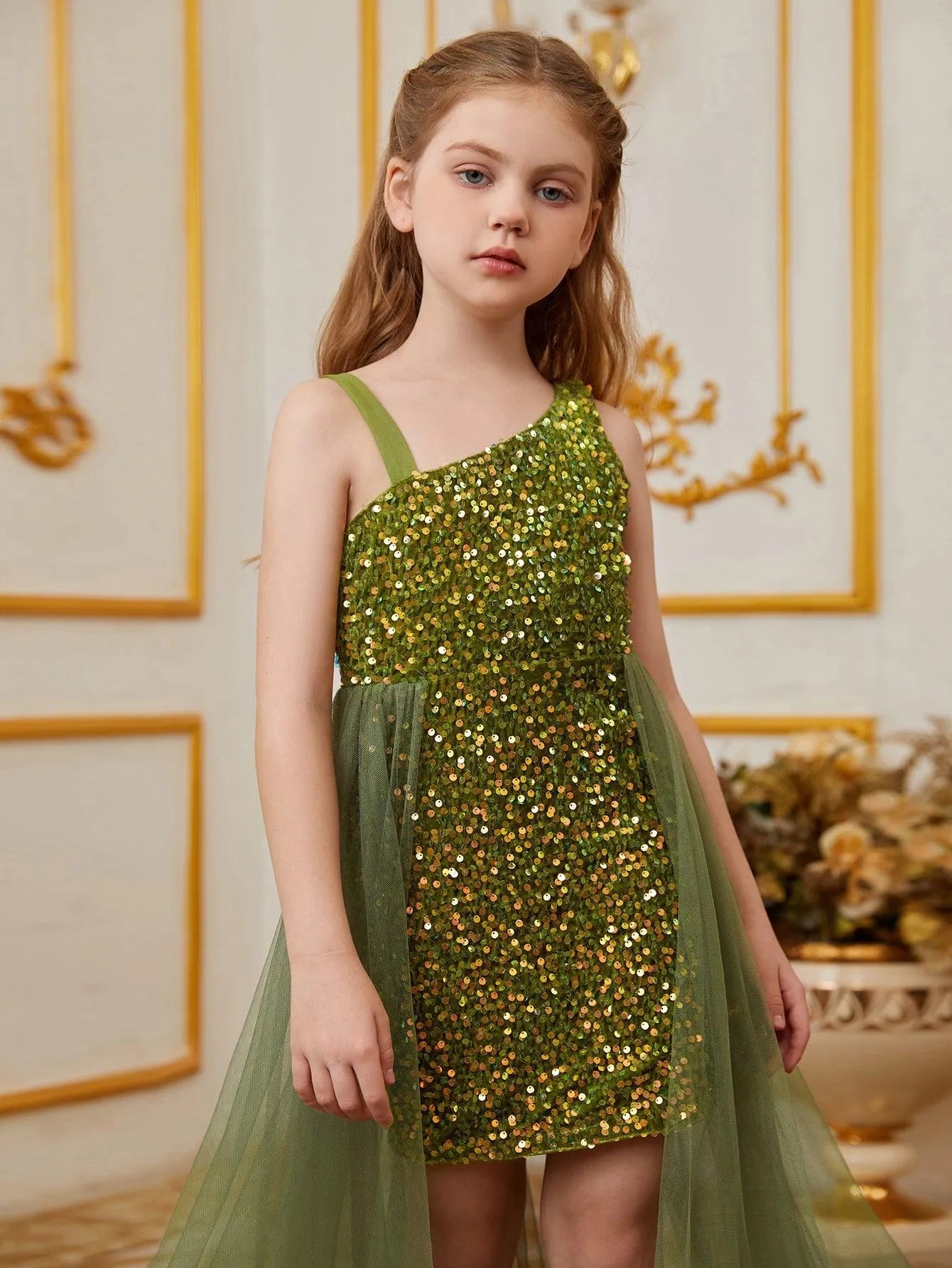 Tween Girls' Asymmetrical Neckline Mesh Overlay Sequin Dress