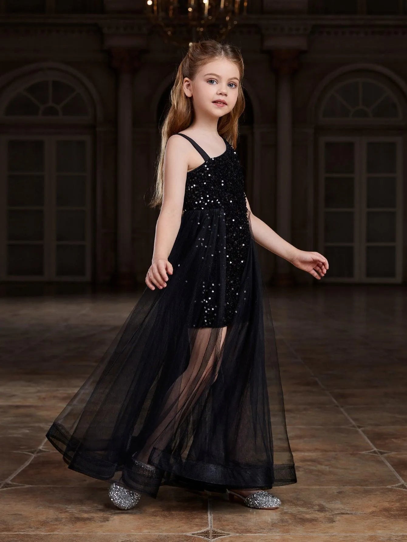 Tween Girls' Asymmetrical Neckline Mesh Overlay Sequin Dress