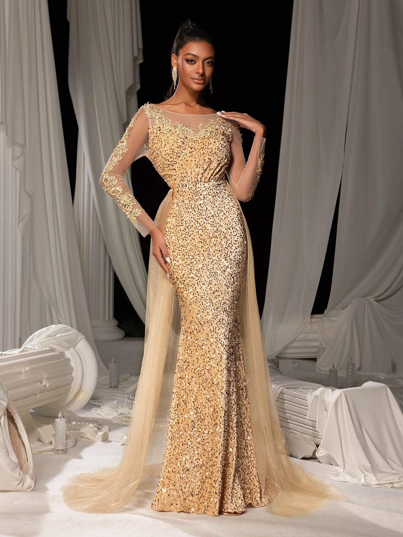 Elegant Sheer Sleeves Mesh Train Sequin Evening Dress