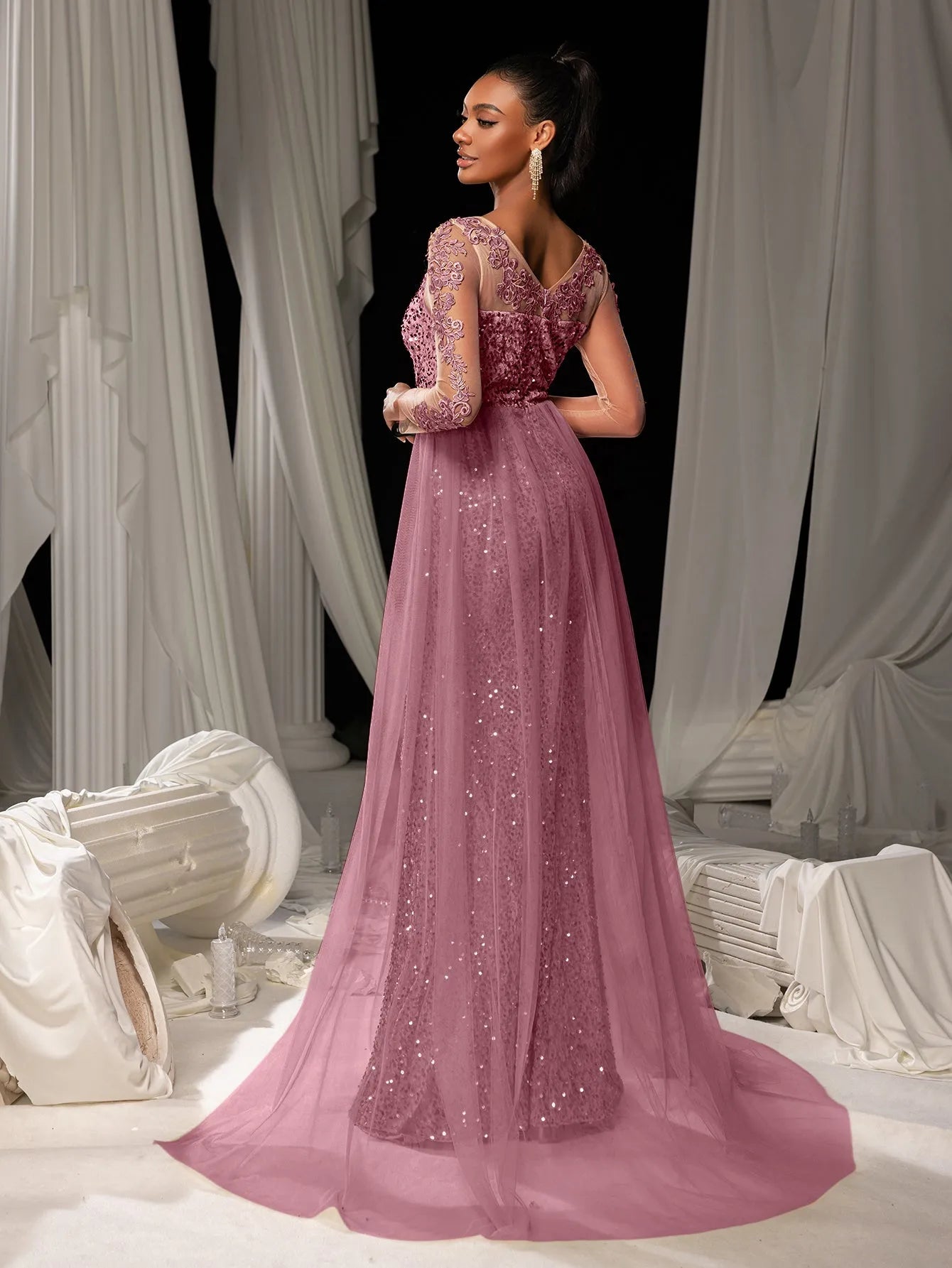 Elegant Sheer Sleeves Mesh Train Sequin Evening Dress