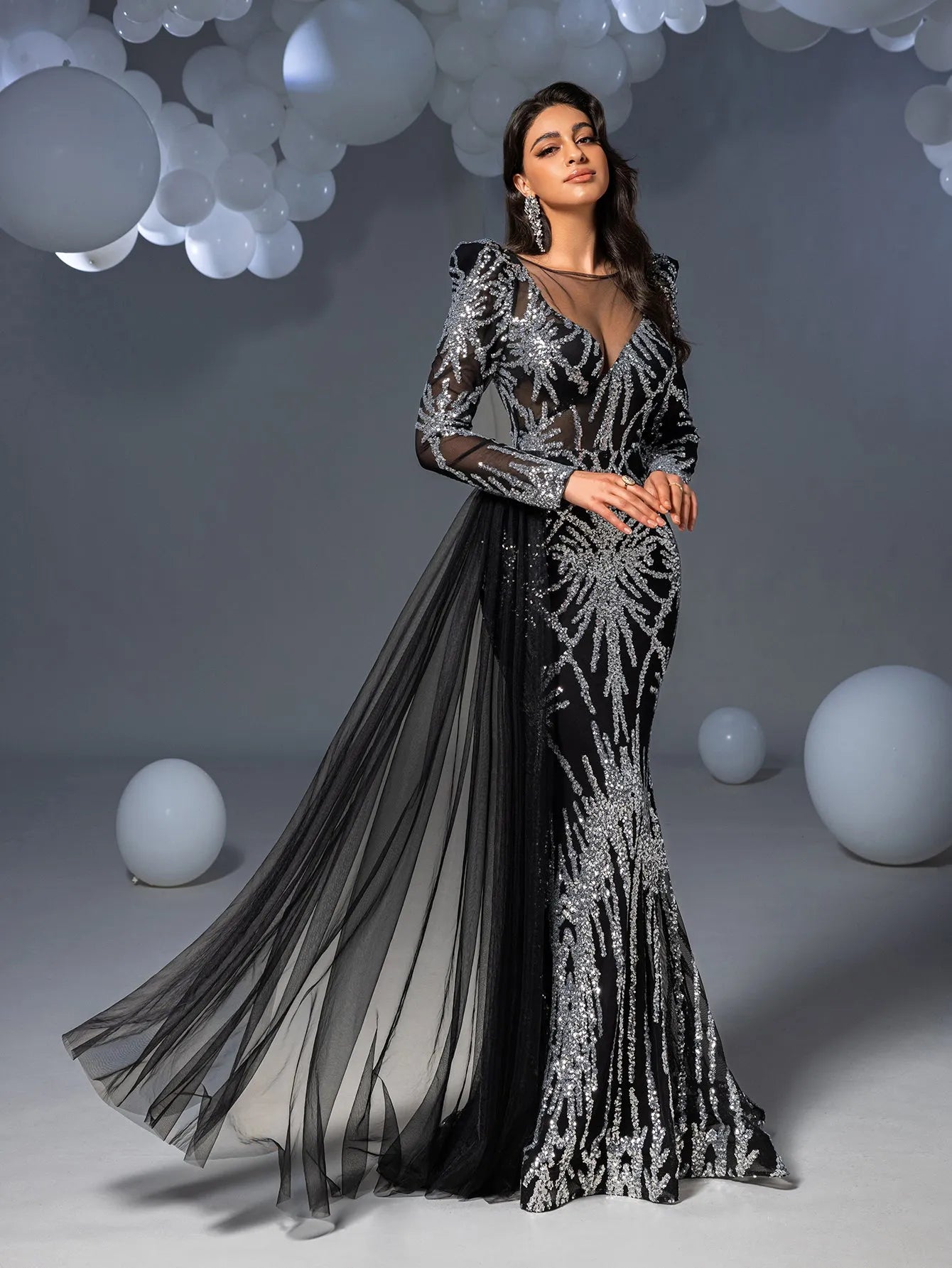 Gorgeous Graphic Sequin Sheer Overlay Mermaid Hem Evening Dress