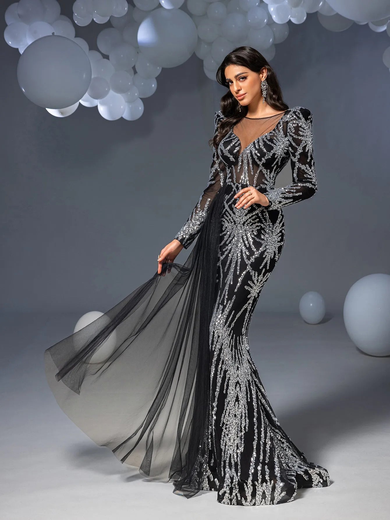 Gorgeous Graphic Sequin Sheer Overlay Mermaid Hem Evening Dress