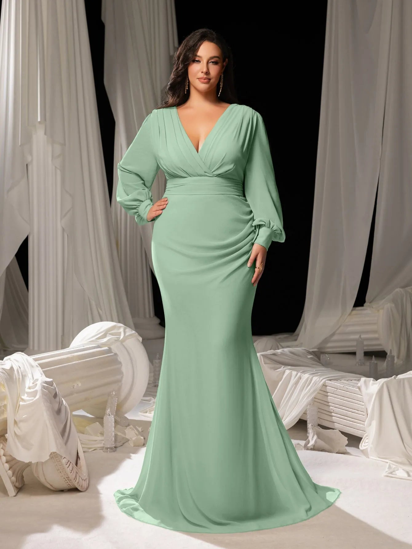 Plus Surplice Neck Lantern Sleeves Chiffon Formal Mermaid Dress