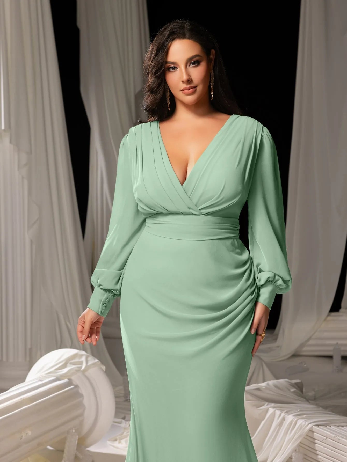 Plus Surplice Neck Lantern Sleeves Chiffon Formal Mermaid Dress