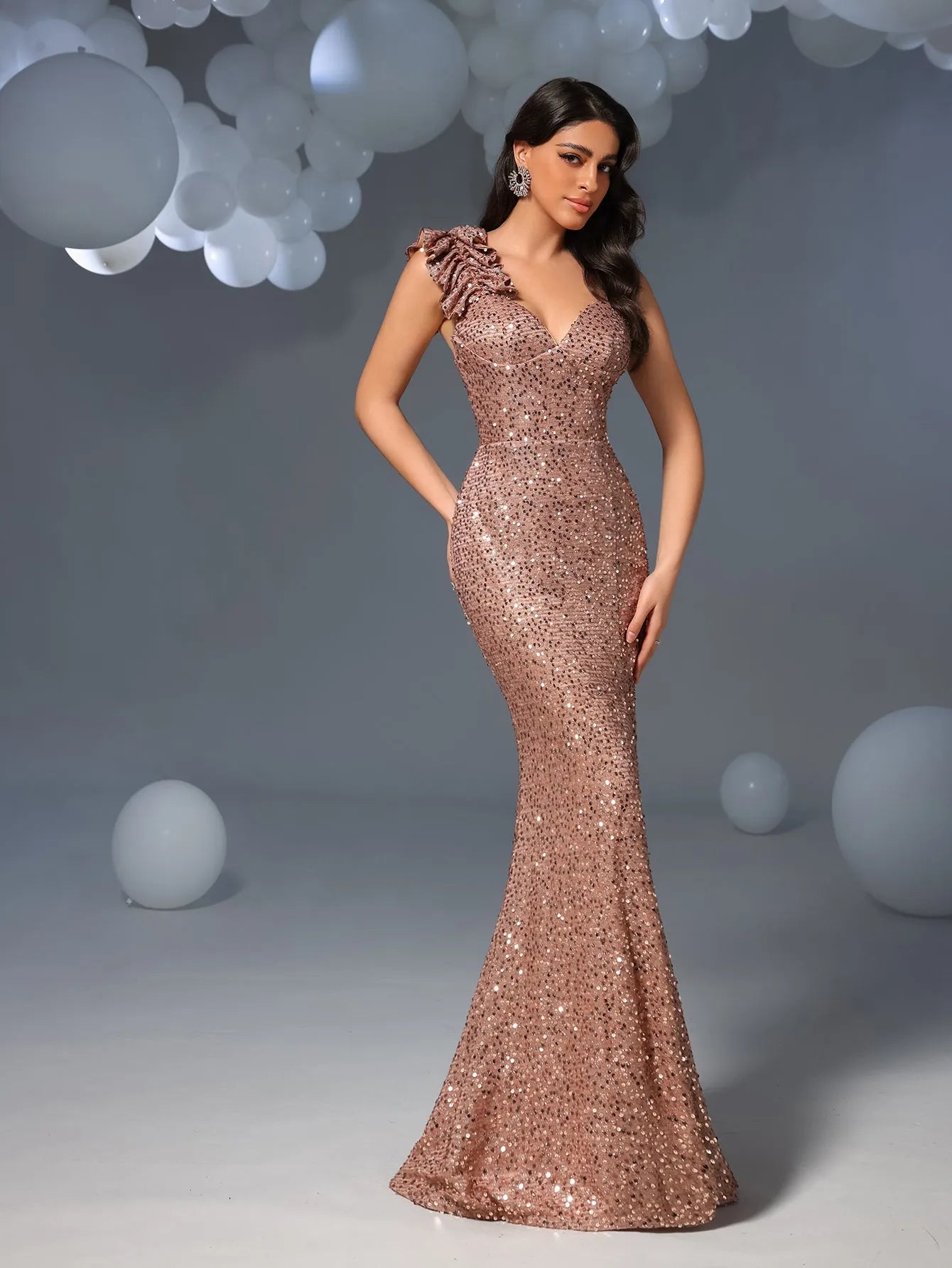 Elegant Asymmetrical Straps Split Mermaid Hem Sequin Evening Dress