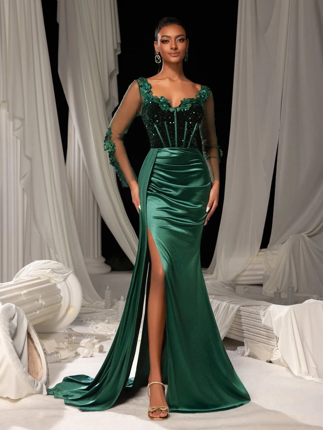 Elegant Sequin Bodice Sheer Sleeves Mermaid Hem Satin Evening Dress