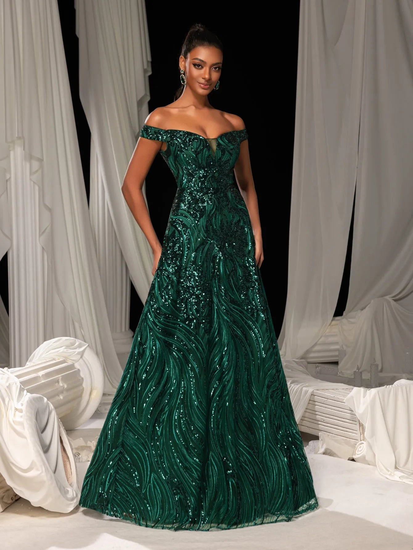 Elegant Off Shoulder Graphic Sequin Formal Prom Dress