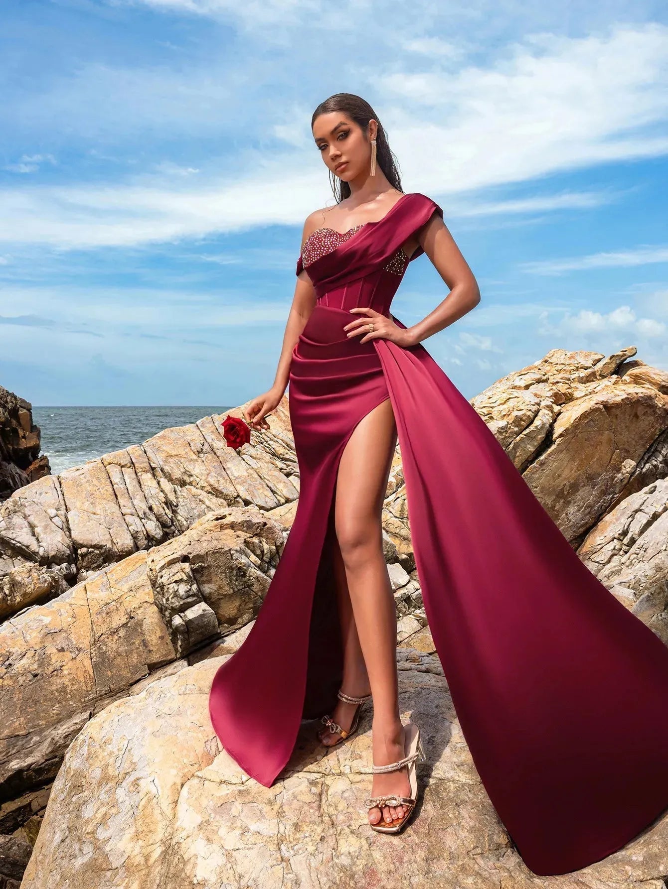 Asymmetrical Neck Split Thigh Satin Mermaid Dress