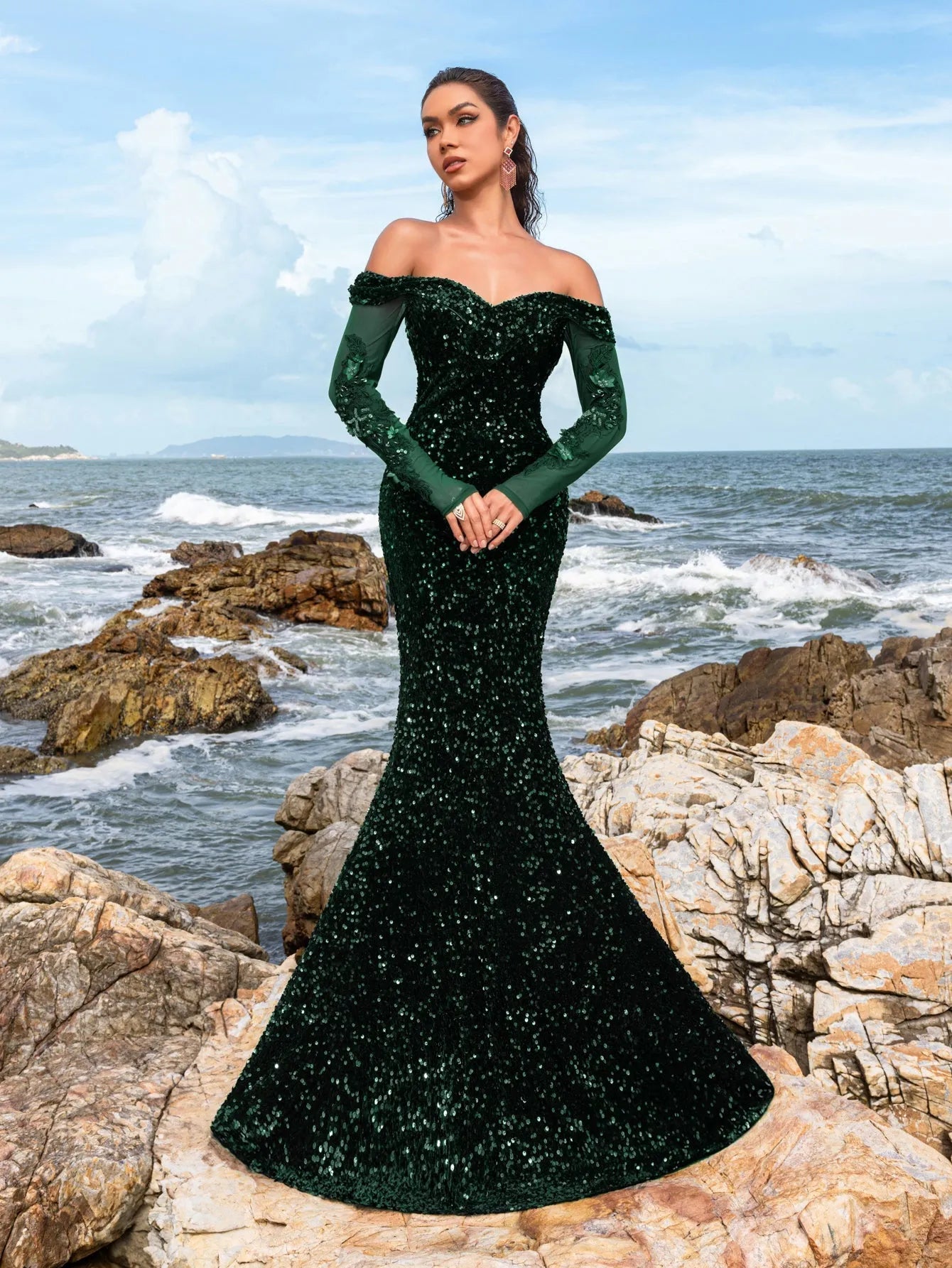 Gorgeous Off Shoulder Mermaid Hem Sequin Evening Dress