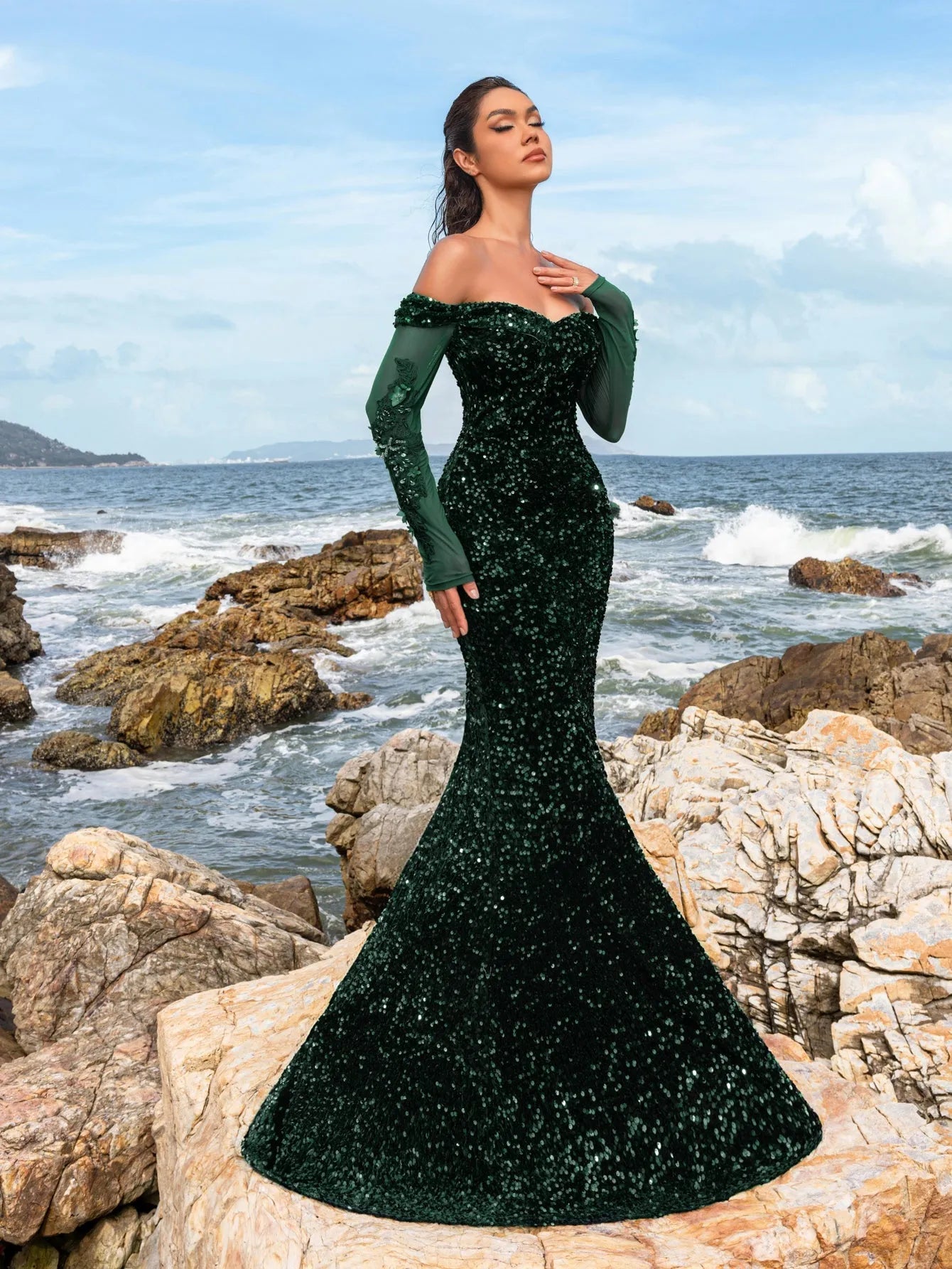 Gorgeous Off Shoulder Mermaid Hem Sequin Evening Dress