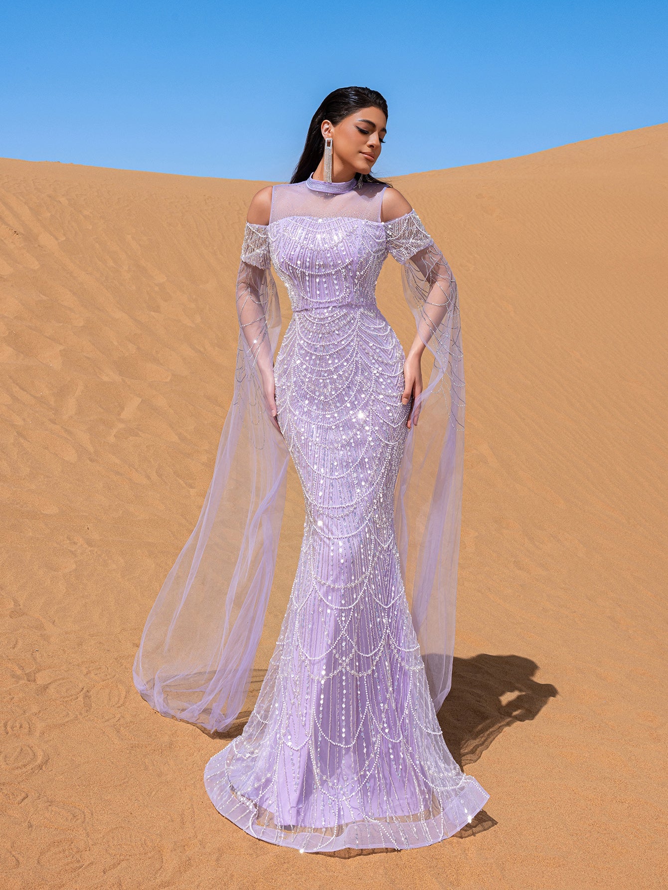 Luxury Gorgeous Rhinestone Detail Cape Sleeves Mermaid Hem Beaded Seuqin Evening Dress