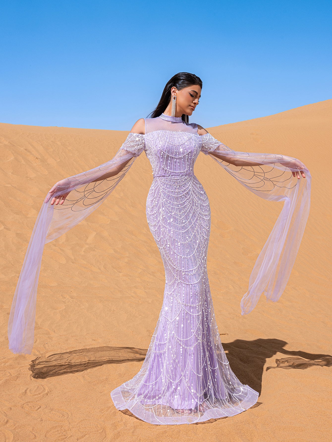 Luxury Gorgeous Rhinestone Detail Cape Sleeves Mermaid Hem Beaded Seuqin Evening Dress