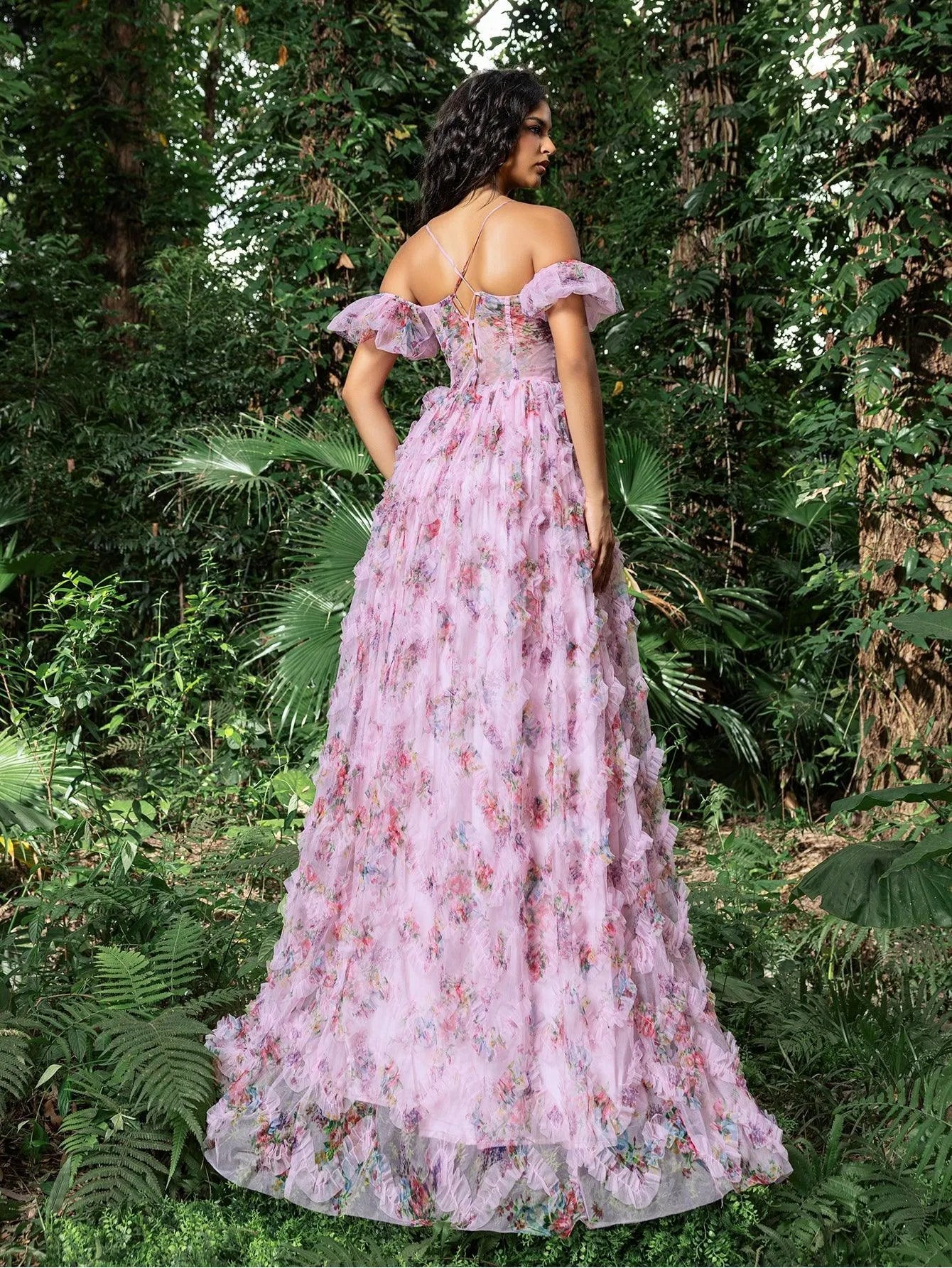 Floral Tulle Off Shoulder Cascading Ruffle Hem Slip Prom Dress