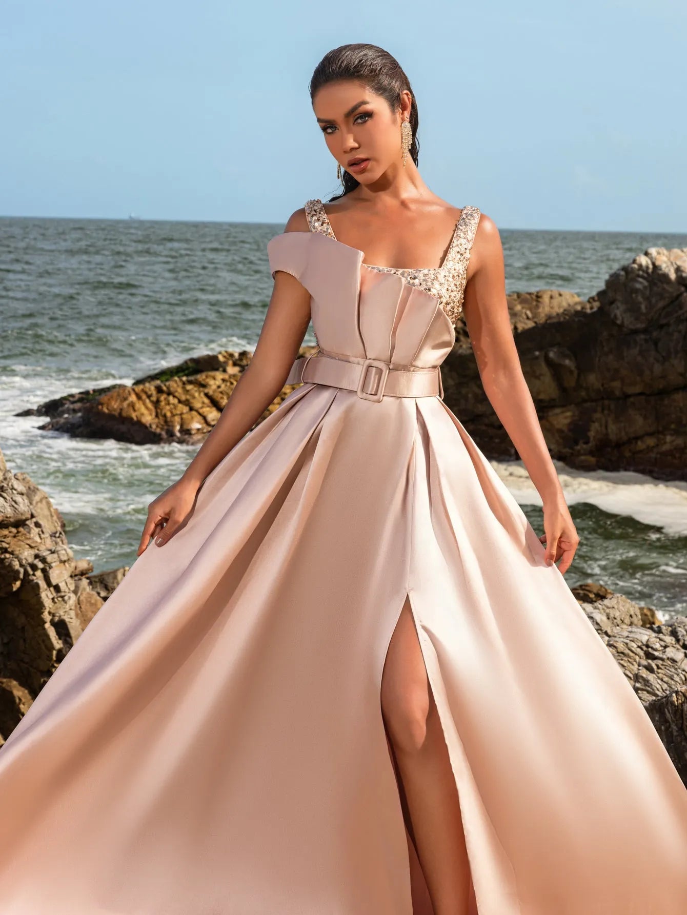 Elegant Square Collar Buckle Belted Split Satin Prom Dress