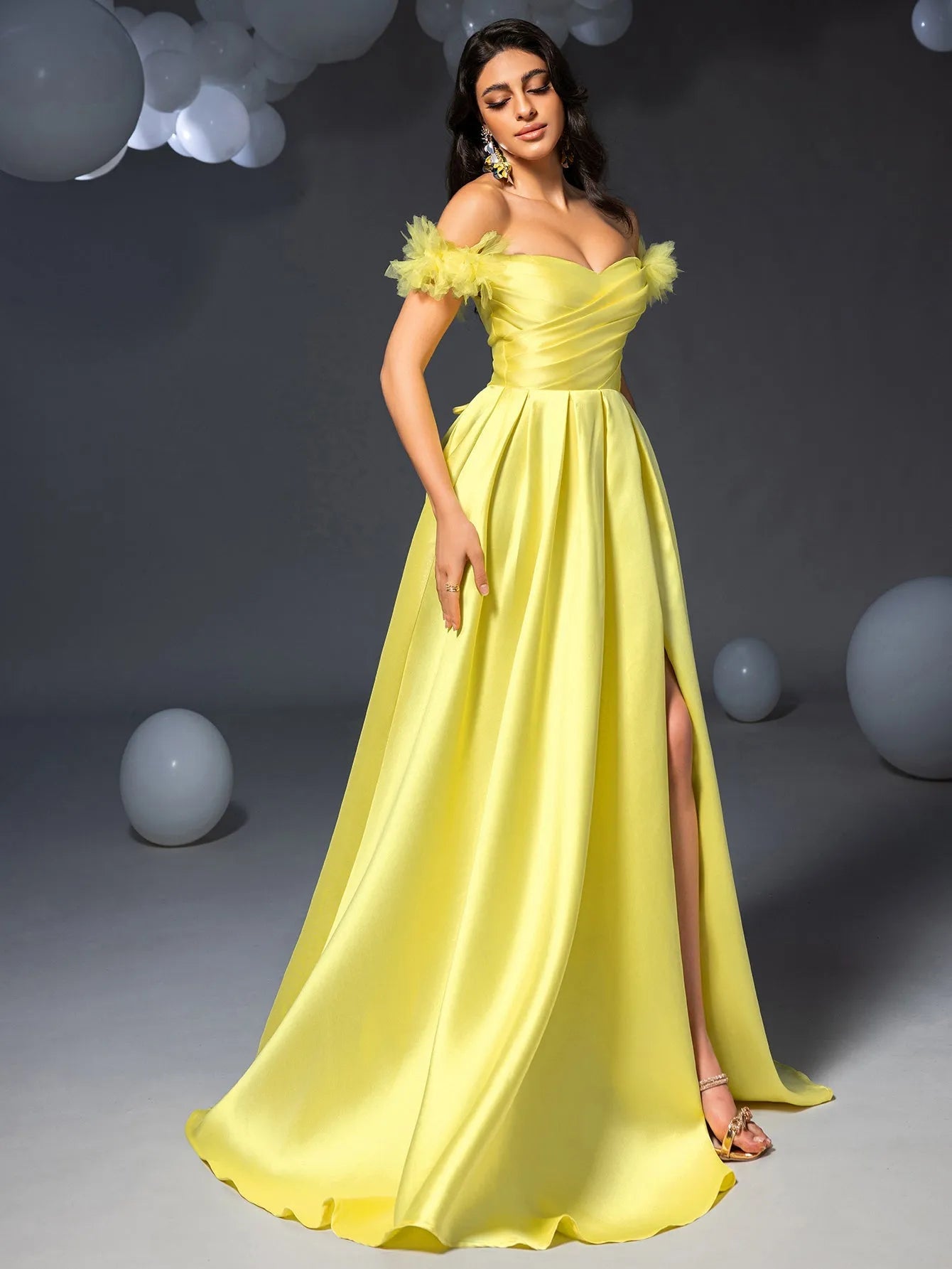 Elegant Off Shoulder Ruched Front Split Satin Prom Dress