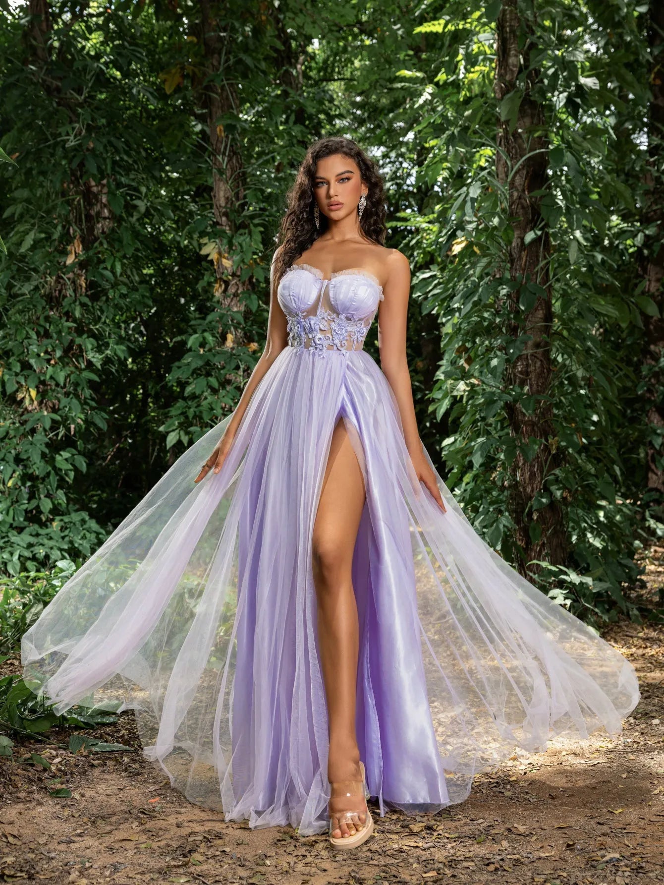 Elegant Strapless Applique Detail Bustier Split Tulle Prom Dress