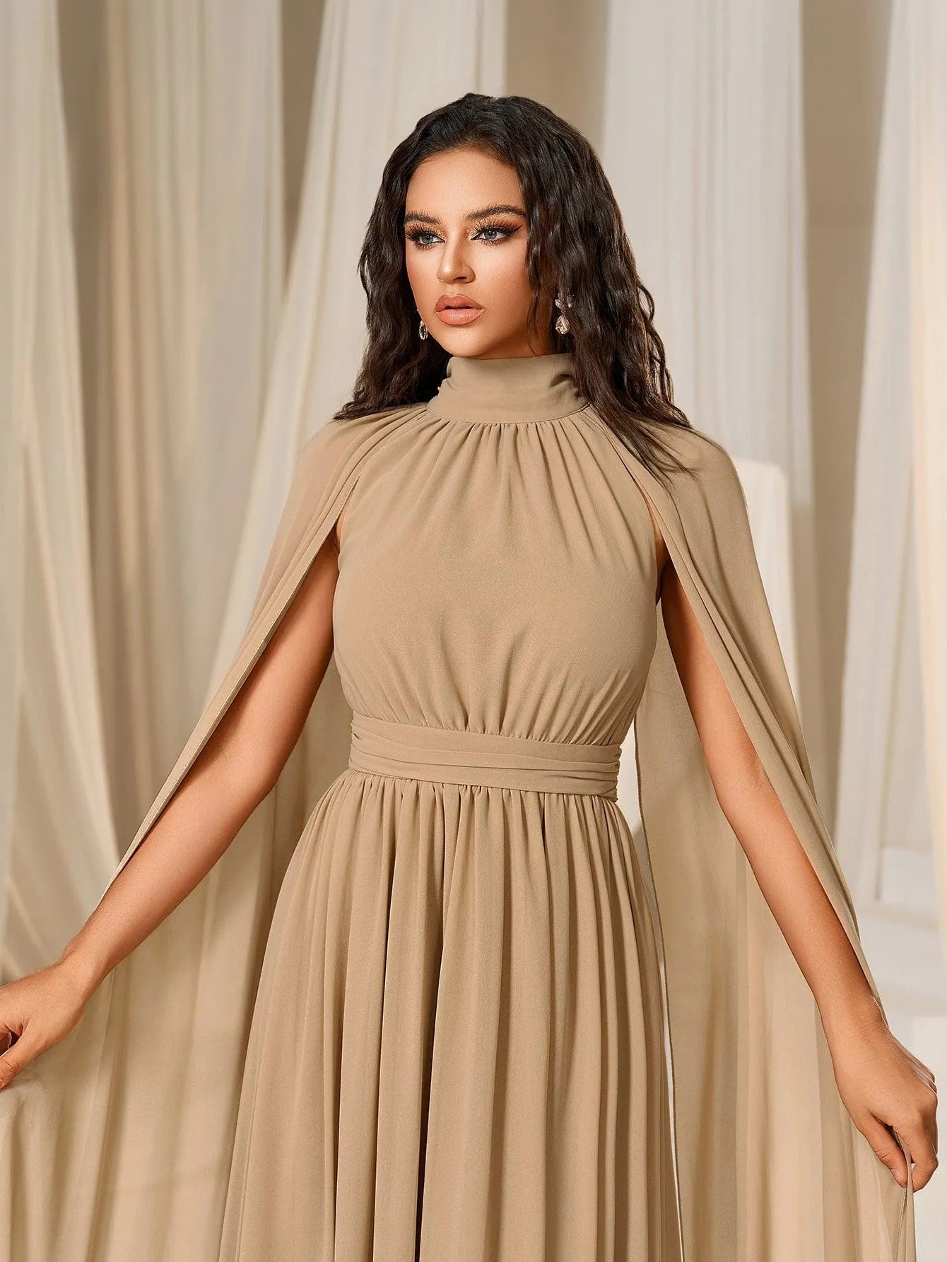 Elegant Mock Neck Cloak Sleeve Chiffon Formal Dress