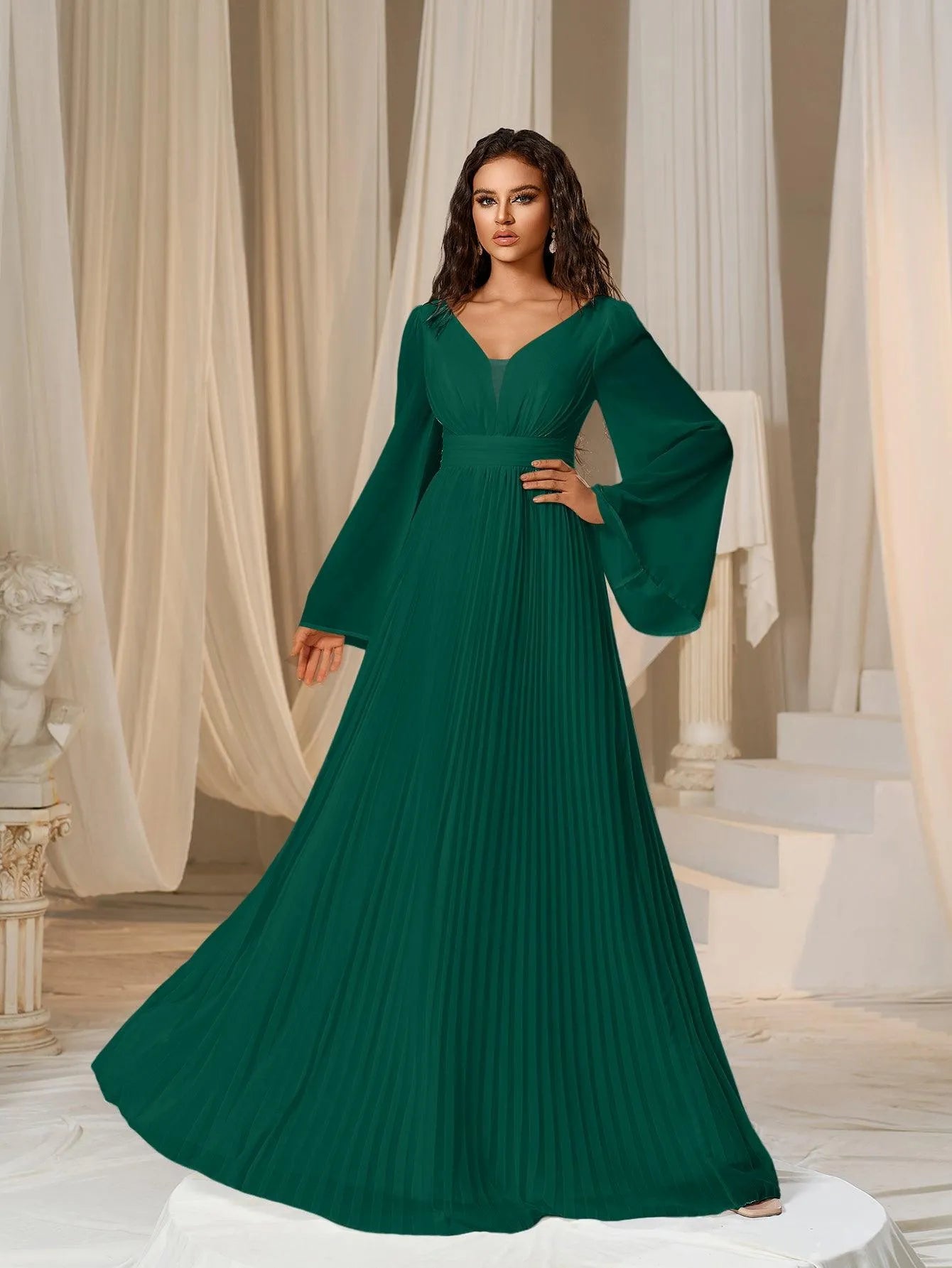 Plunging Neck Flared Sleeves Pleated Chiffon Dresses