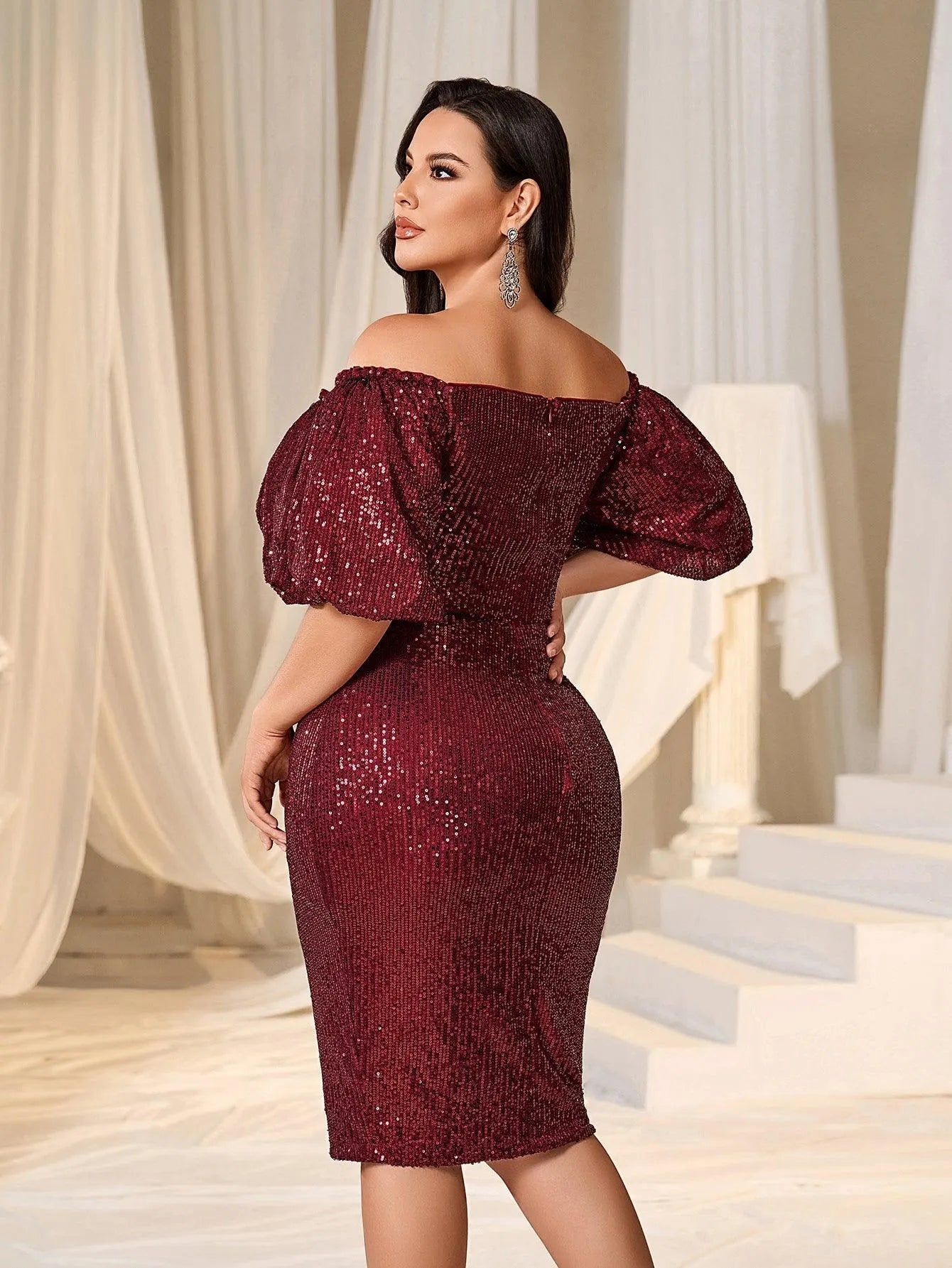 Plus Off Shoulder Puff Sleeves Sequin Midi Dress