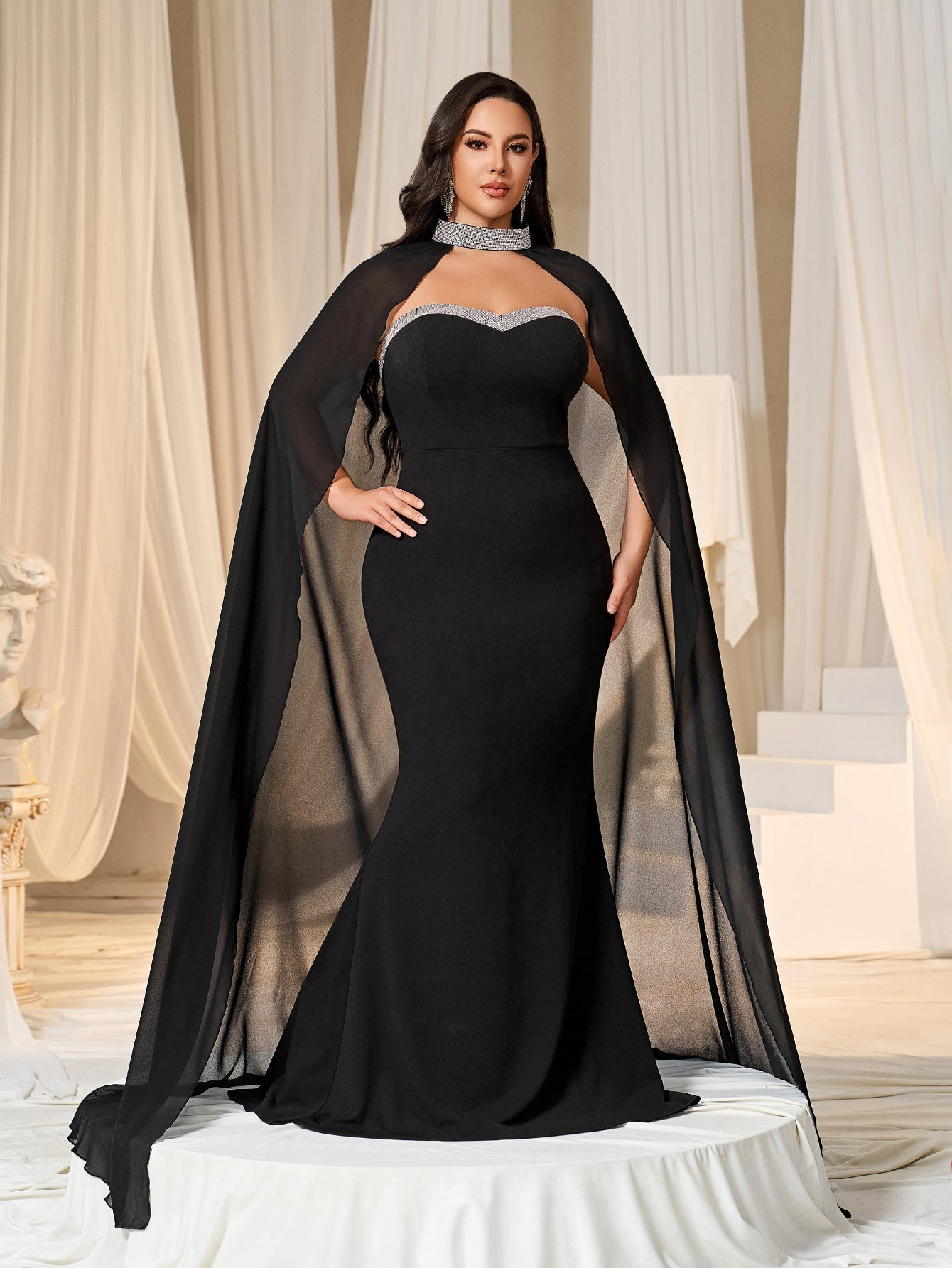 Plus Rhinestone Detail Mermaid Hem Formal Tube Dress with Cape