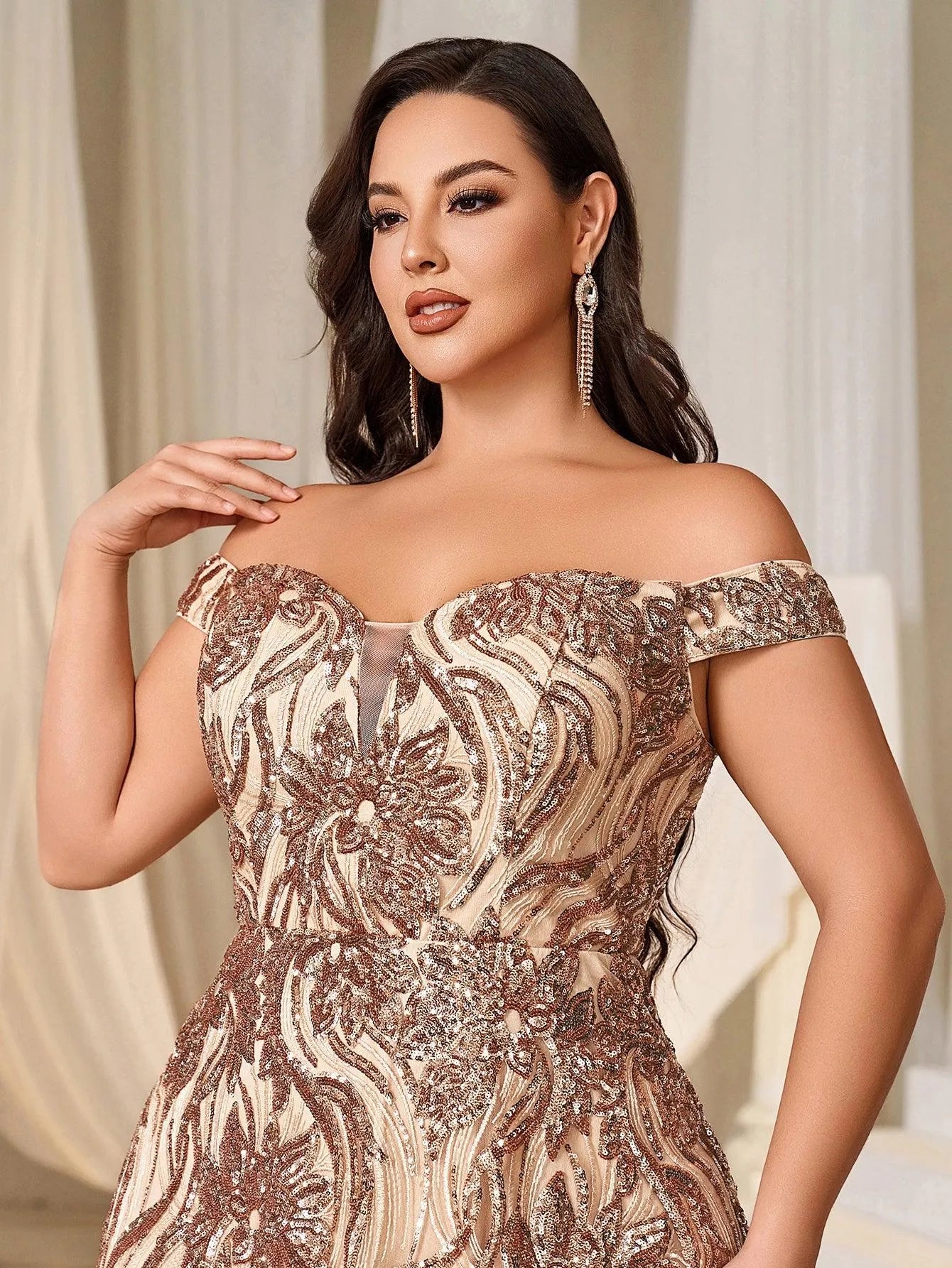 Plus Off Shoulder Graphic Sequin Formal Prom Dress