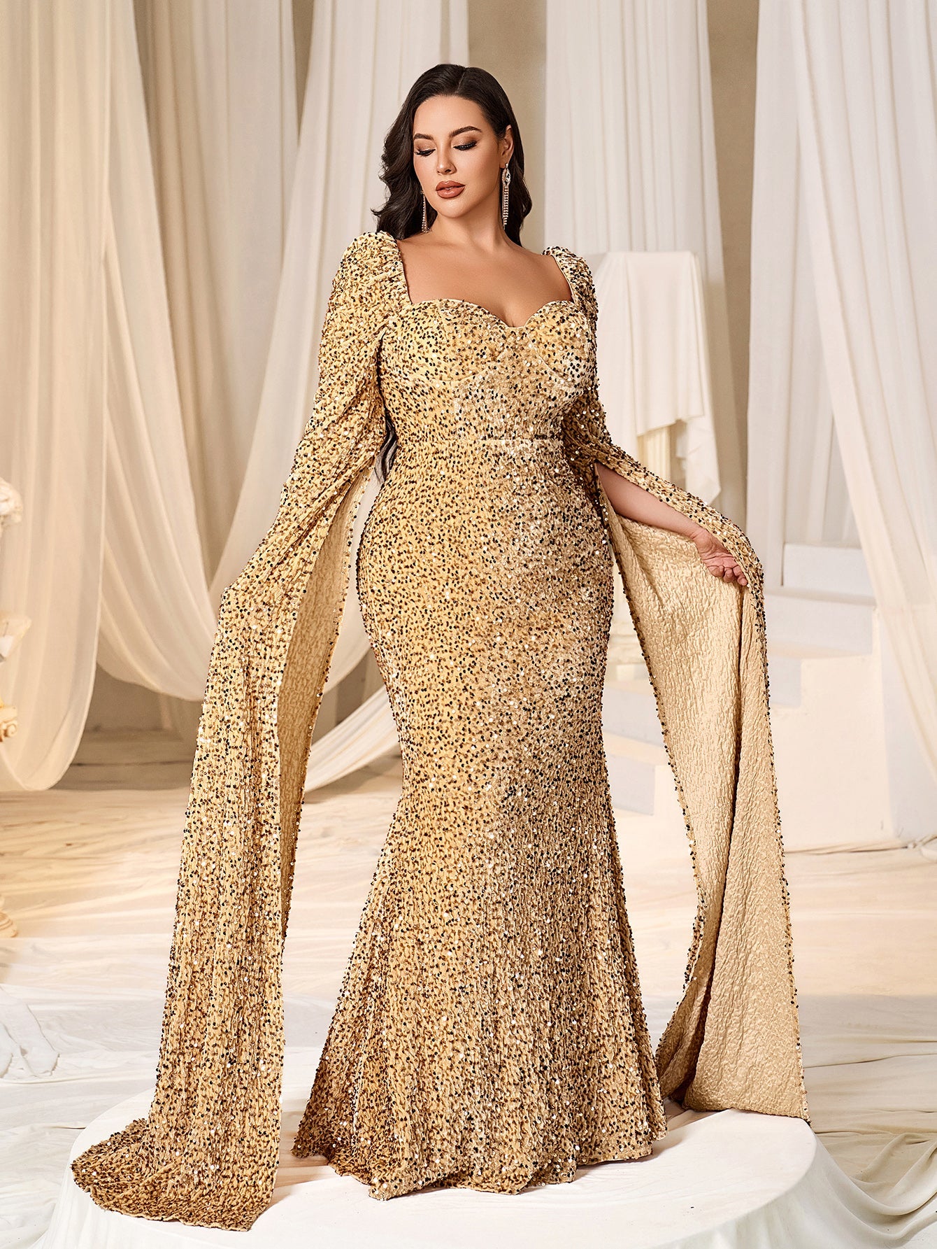 Plus Sweetheart Neck Extra-Long Sleeves Sequin Evening Dress