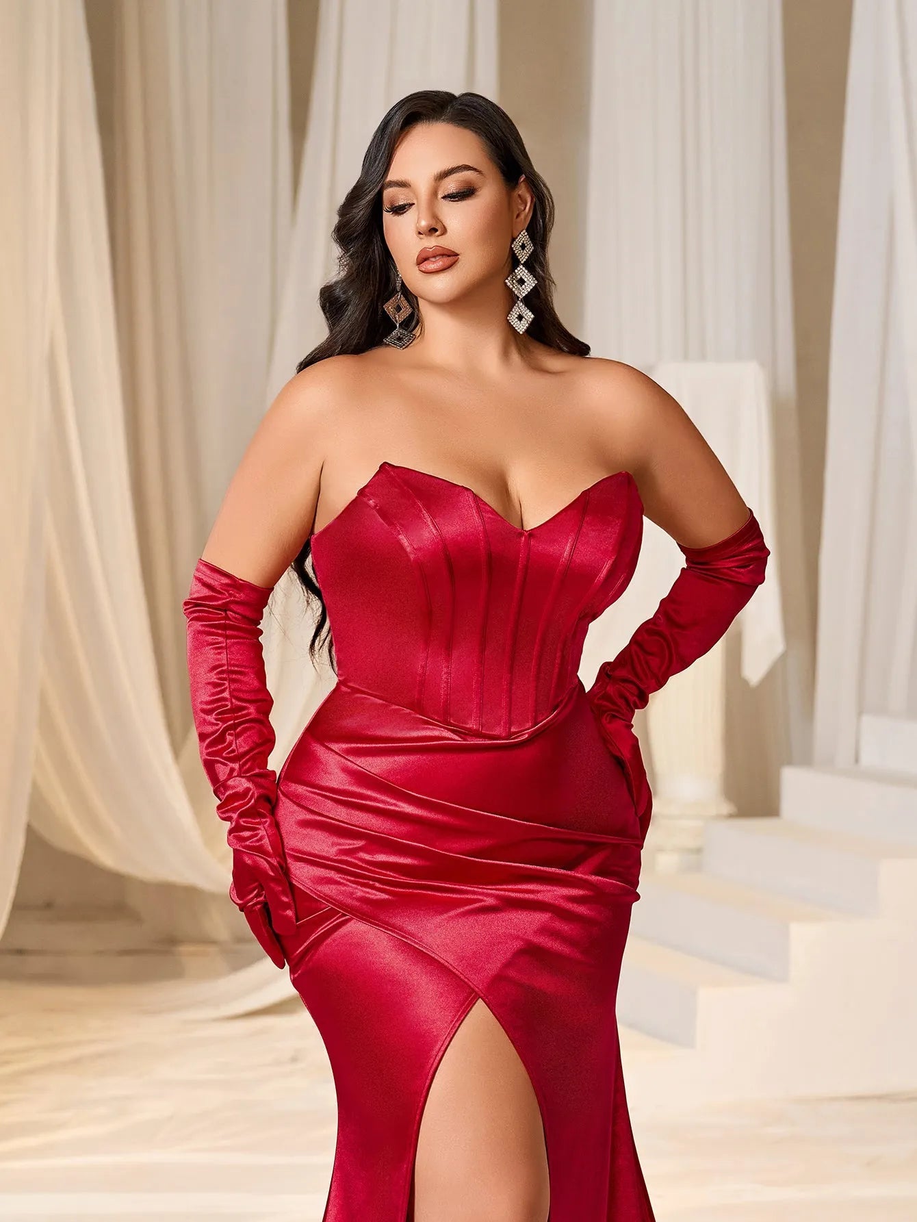 Plus Ruched Wrap Hem Satin Tube Prom Dress（Gloves Included）