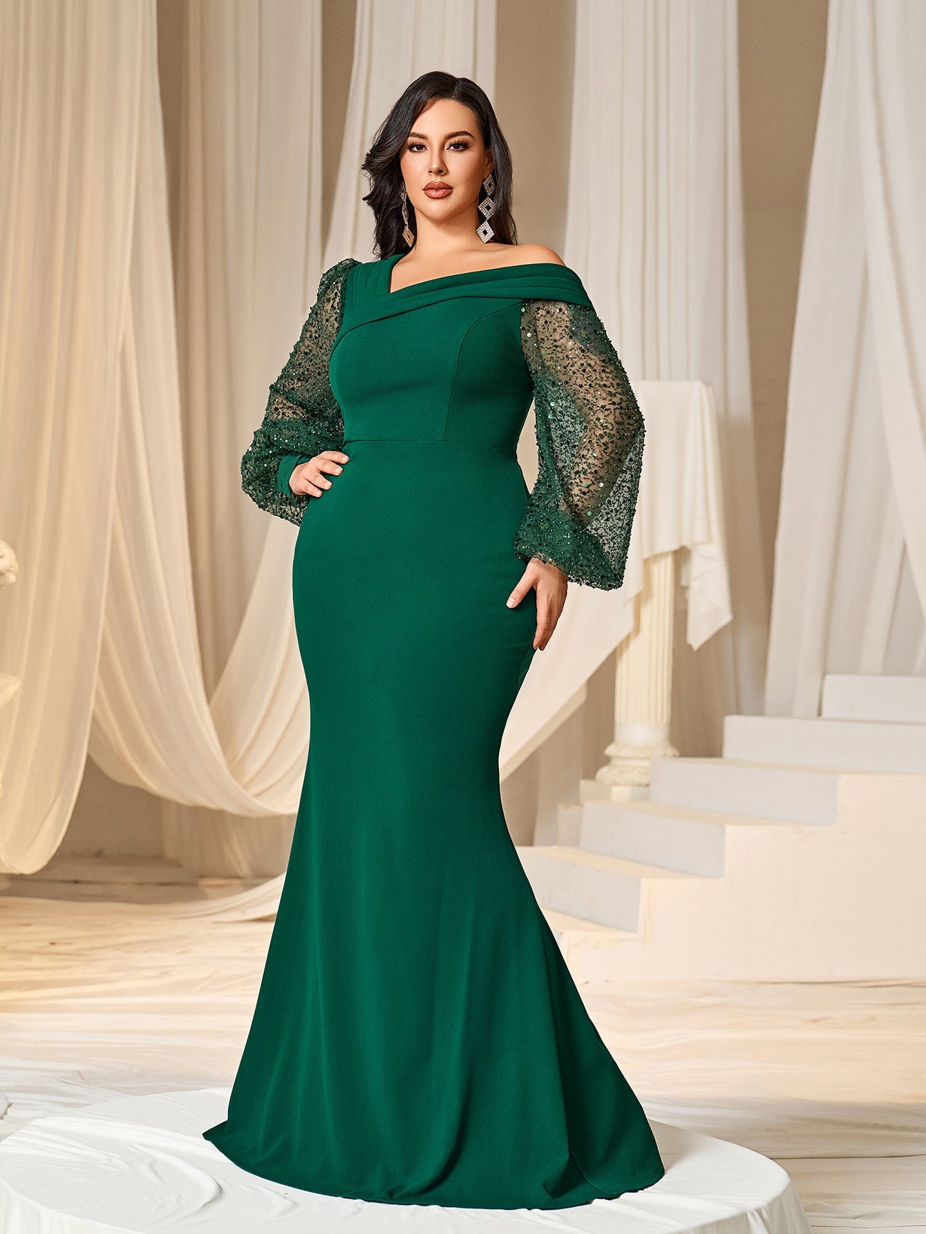 Plus Asymmetrical Neck Lantern Sleeves Formal Mermaid Dress