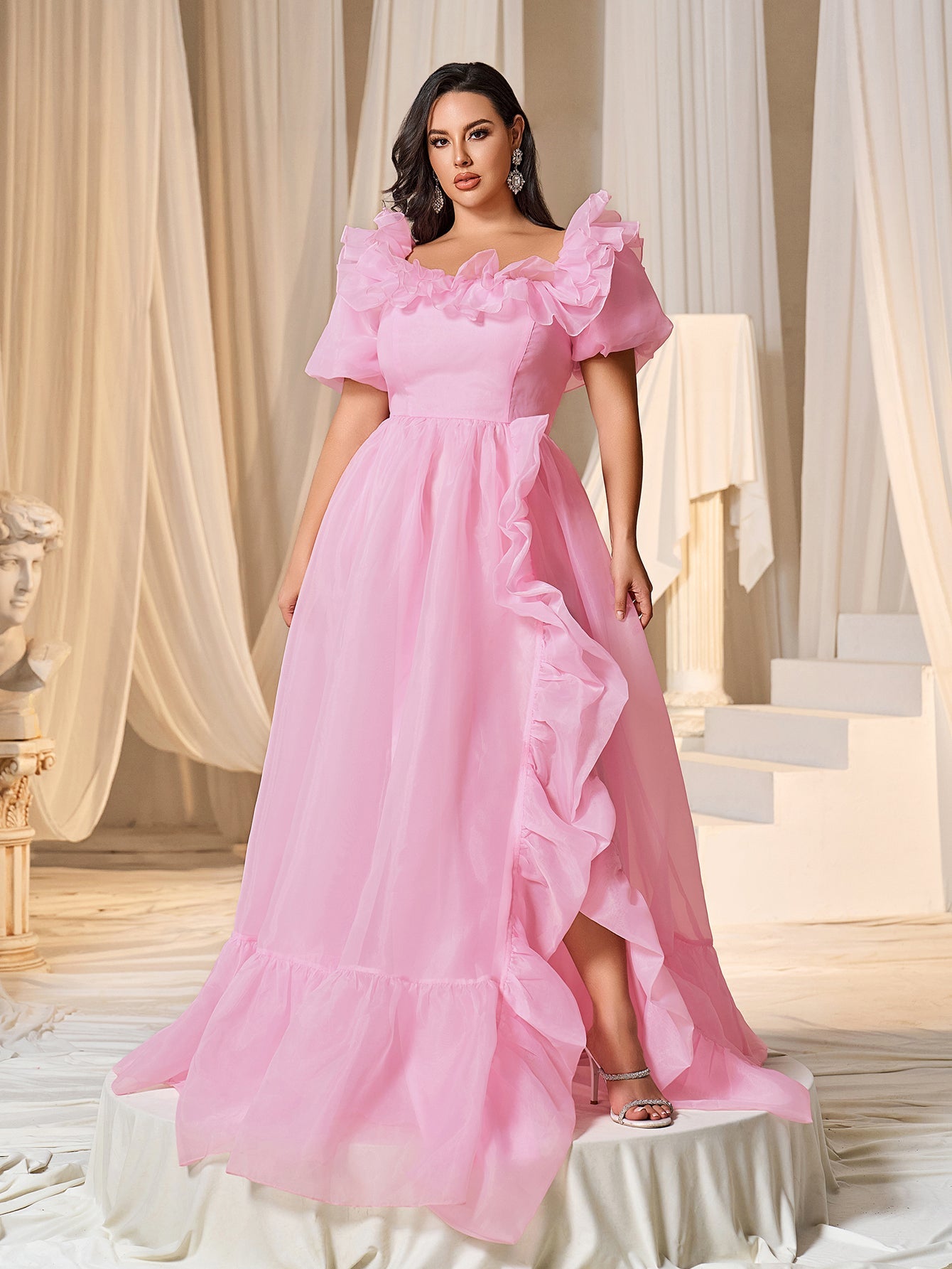 Plus Square Collar Ruffle Trim Puff Sleeves Organza Prom Dress