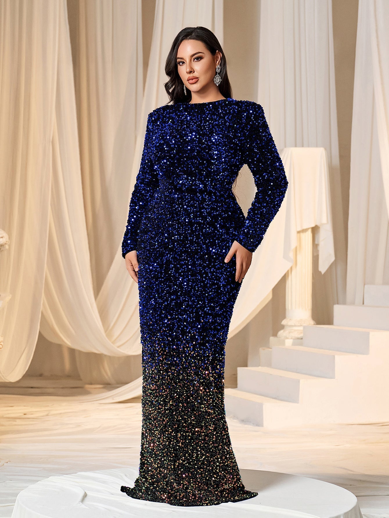 Plus Long Sleeves Split Hem Ombre Sequin Evening Dress