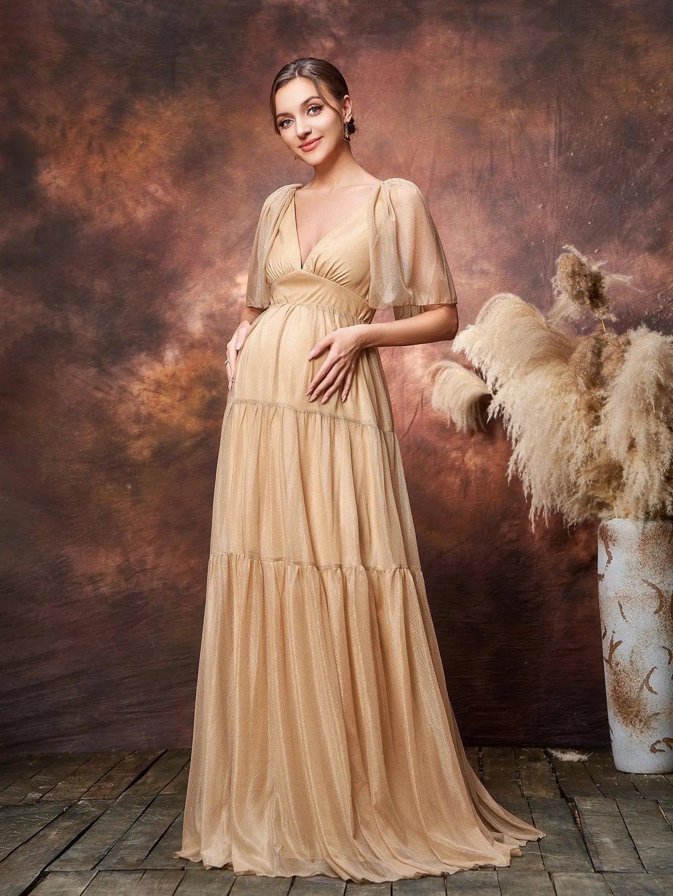 Maternity Plunging Neck Butterfly Sleeve Ruffle Hem Dress