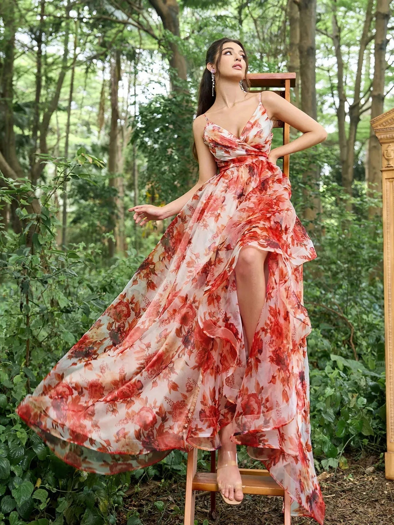 Elegant Backless Floral Printed Slip Prom Dress