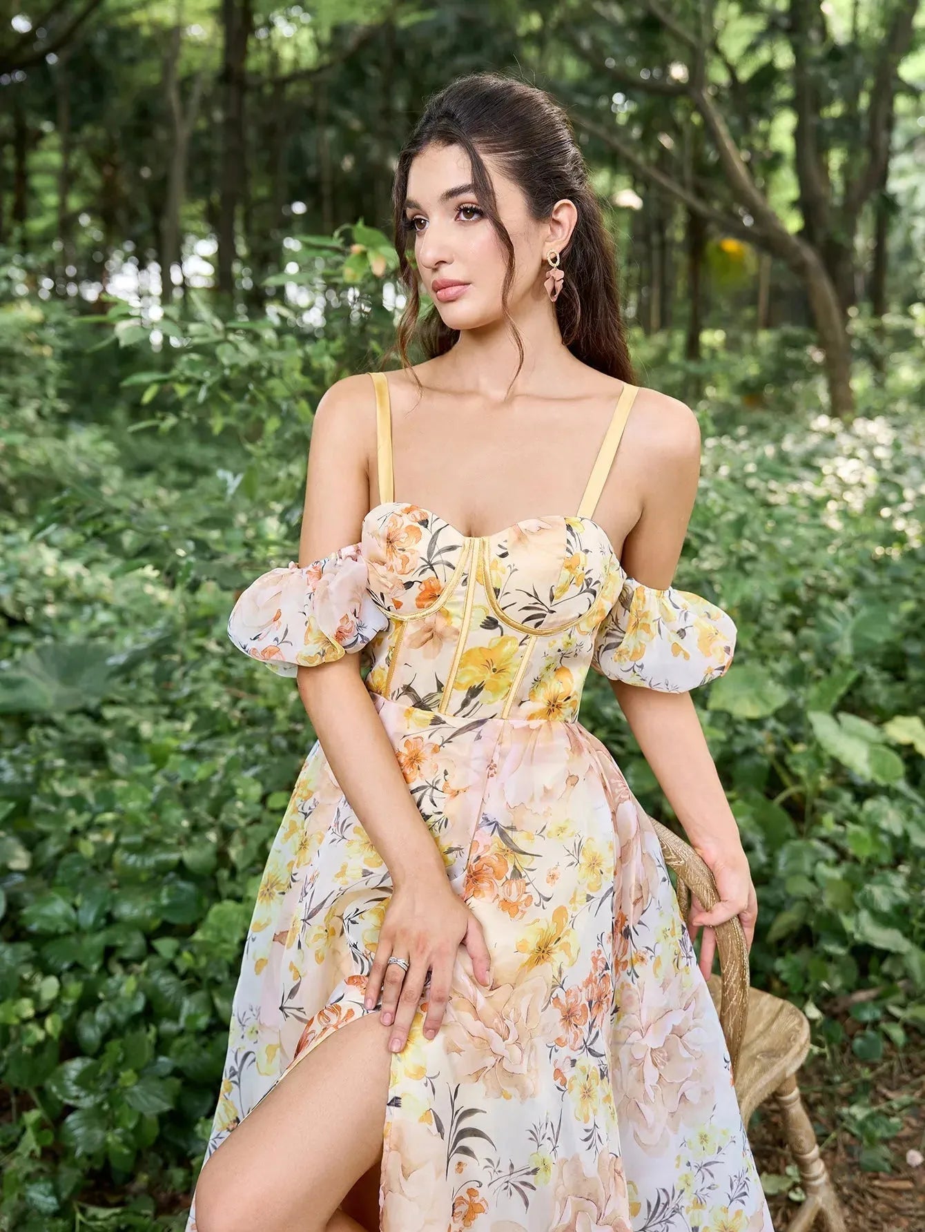 Elegant Off Shoulder Puff Sleeves Floral Printed Organza Slip Prom Dress