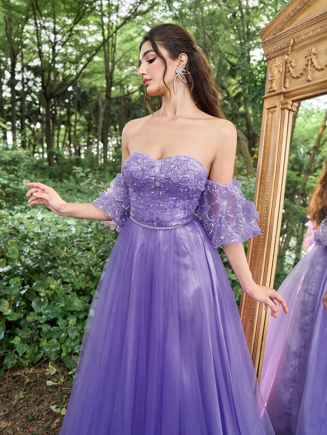 Gorgeous Off Shoulder Applique Detail Beaded Bodice Puff Sleeves Tulle Prom Dress