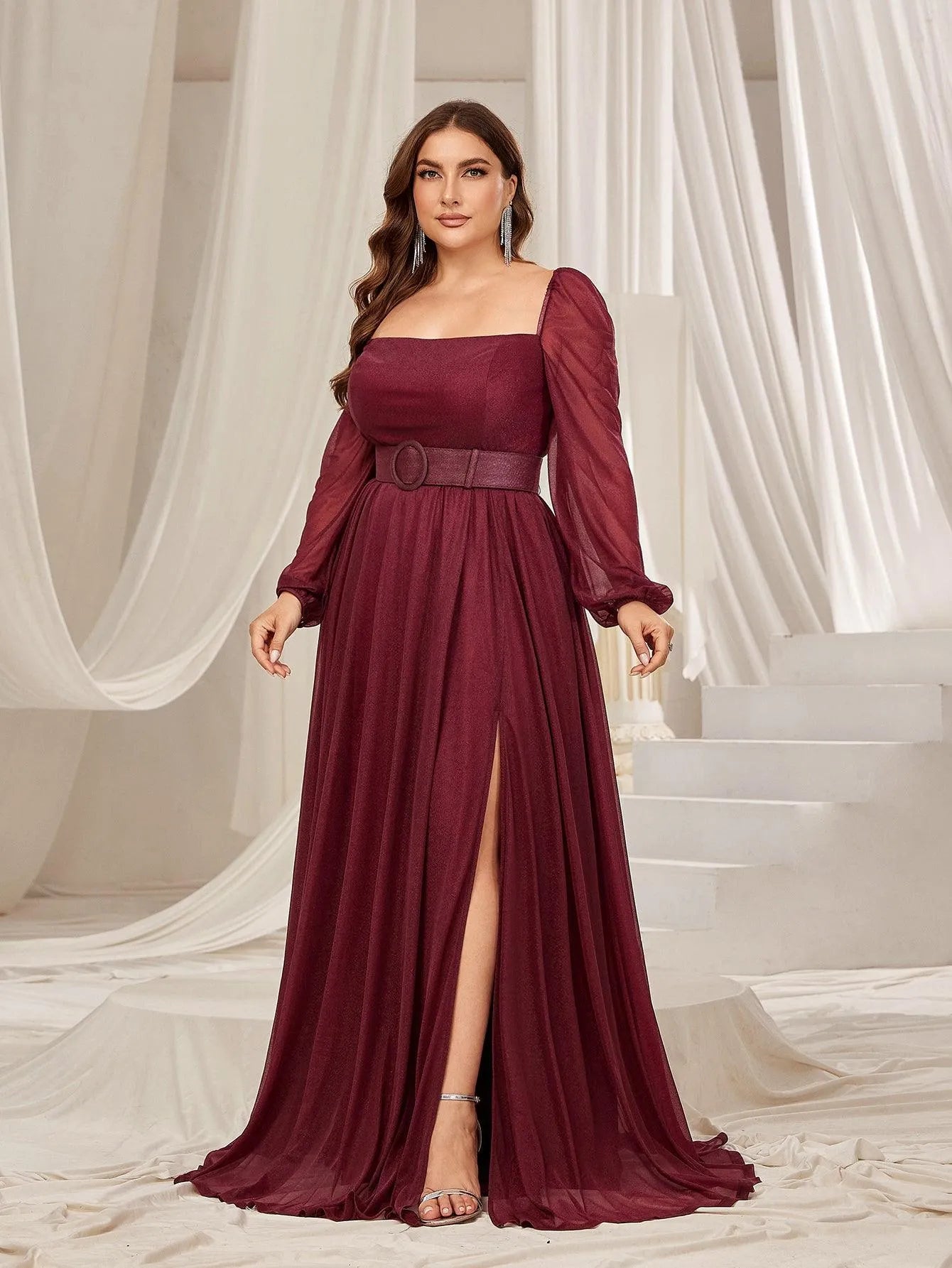 Plus Square Neck Lantern Sleeves Split Thigh Evening Dress