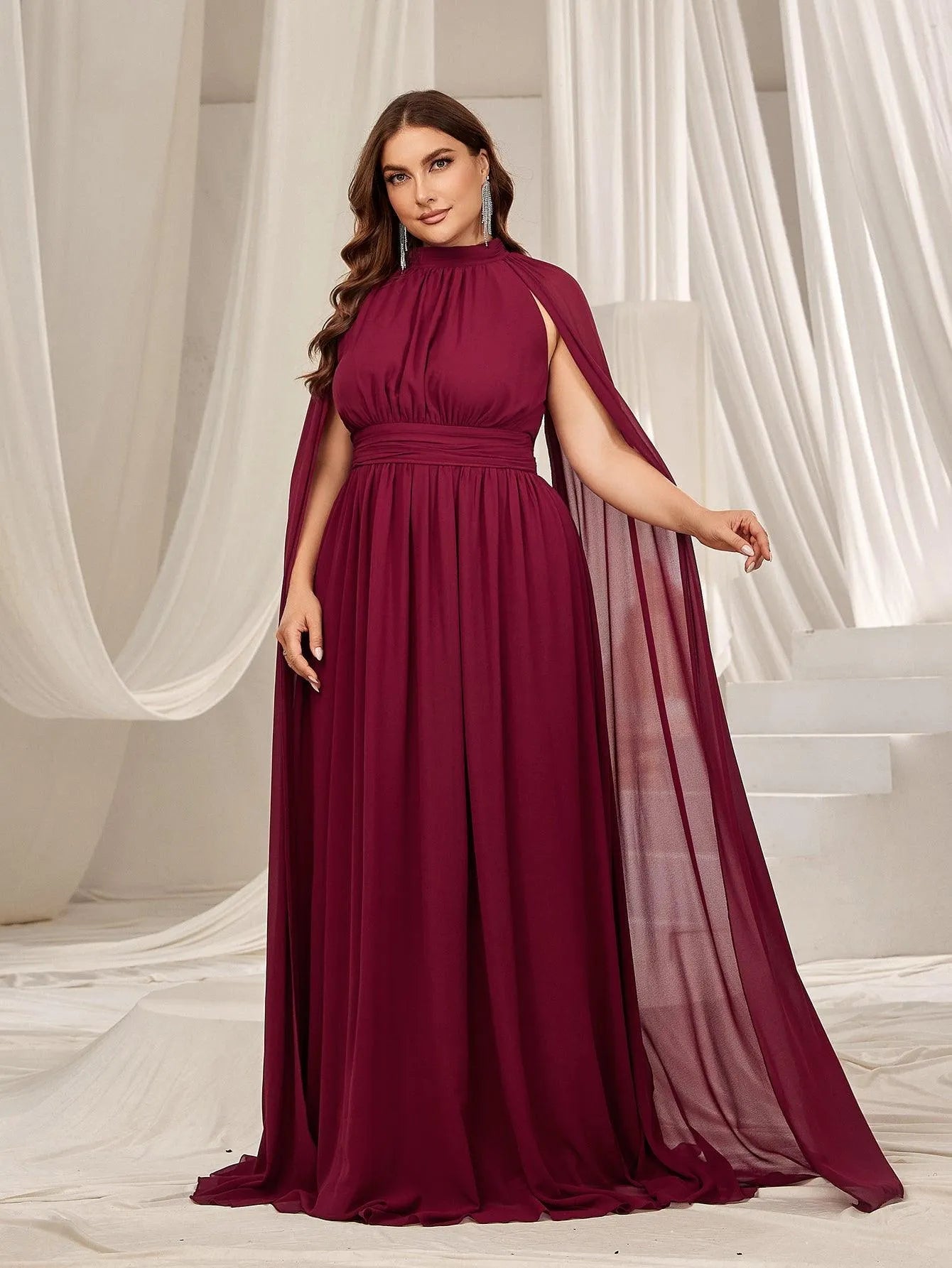 Plus Mock Neck Cloak Sleeves Chiffon Formal Cape Dress