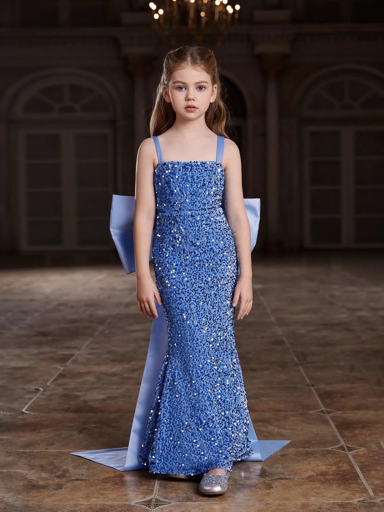 Tween Girls' Square Collar Sequin Mermaid Dress With Big Bow