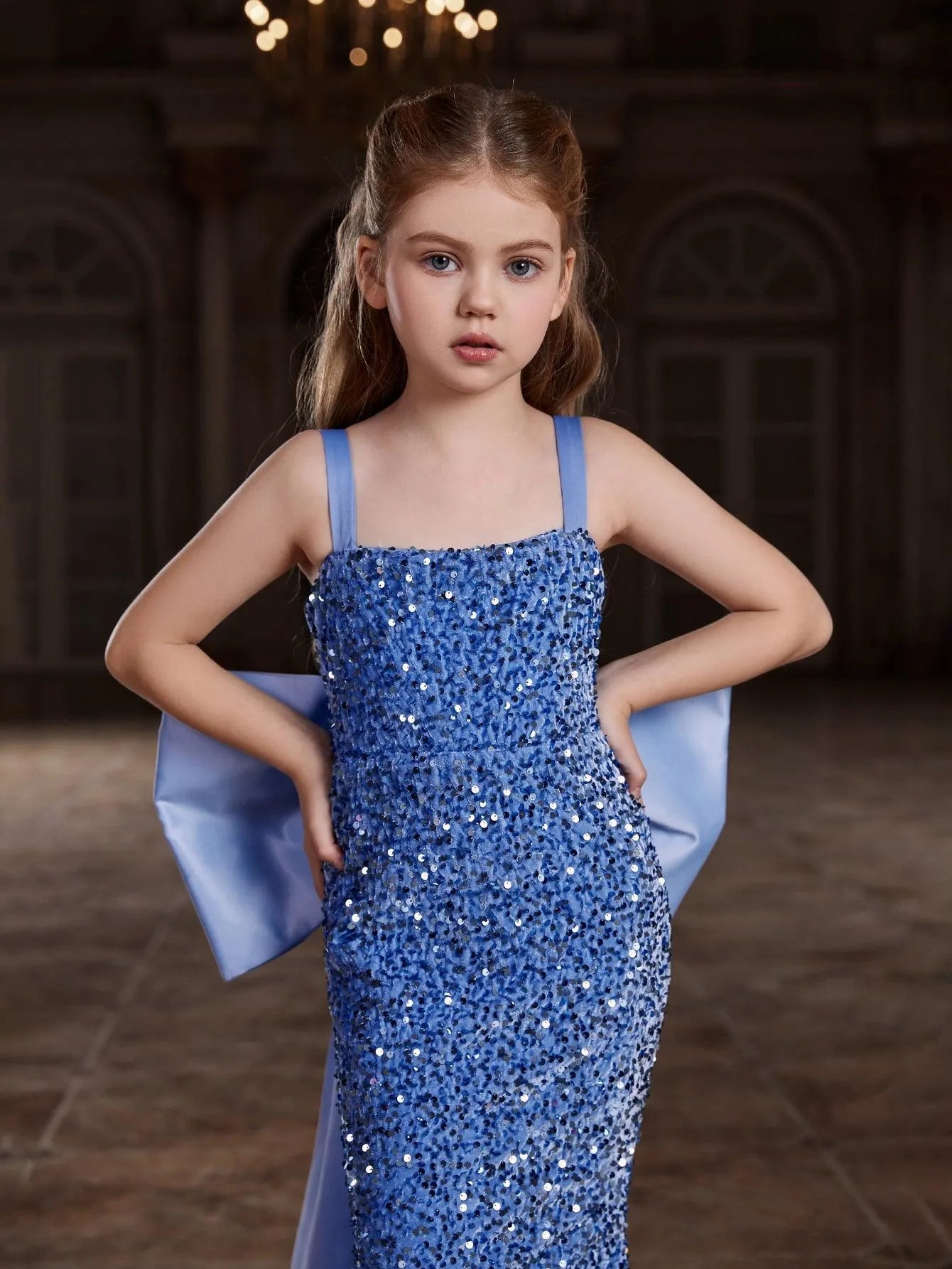 Tween Girls' Square Collar Sequin Mermaid Dress With Big Bow