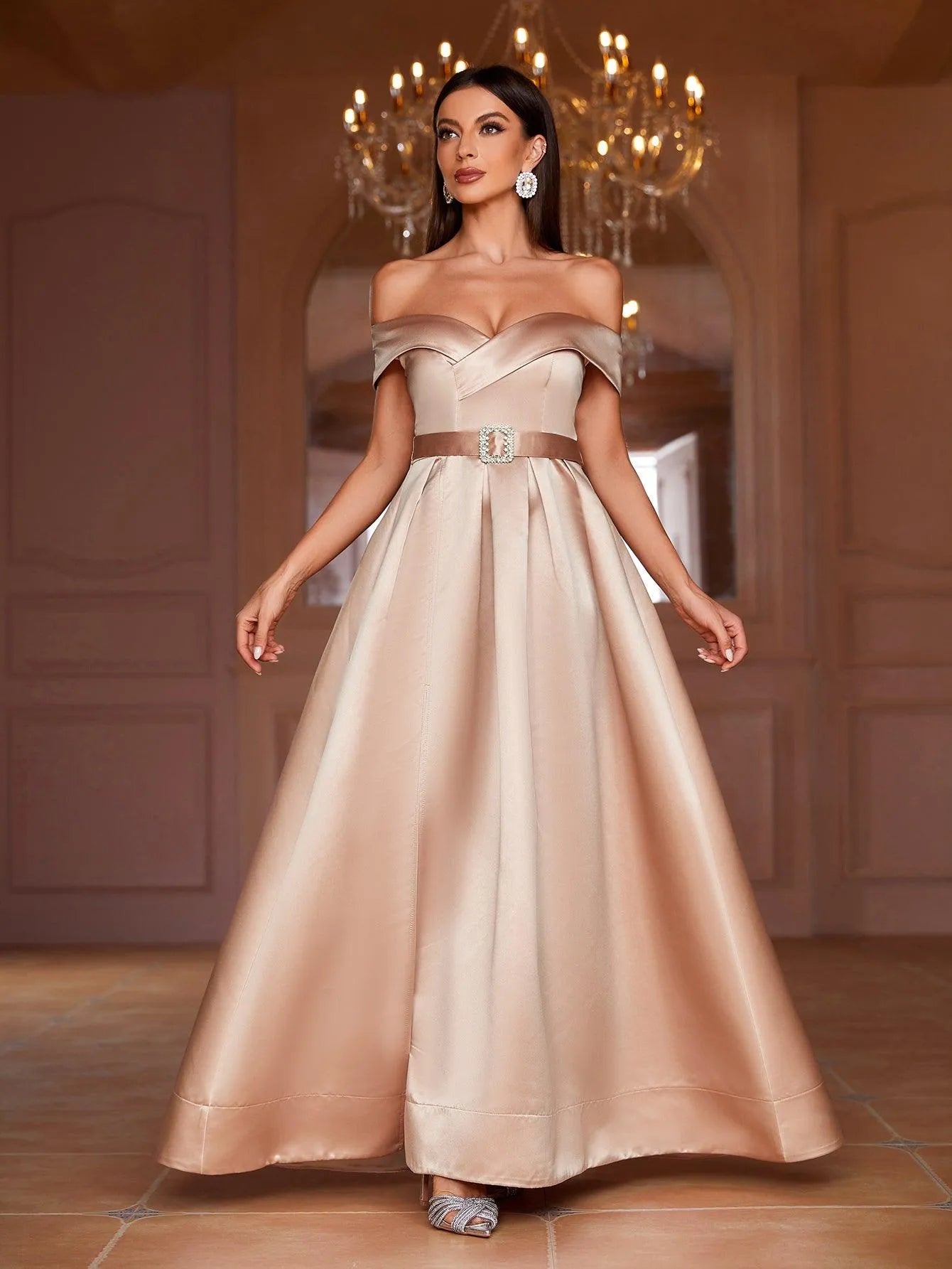 Off Shoulder Buckle Belted Satin Ball Gown