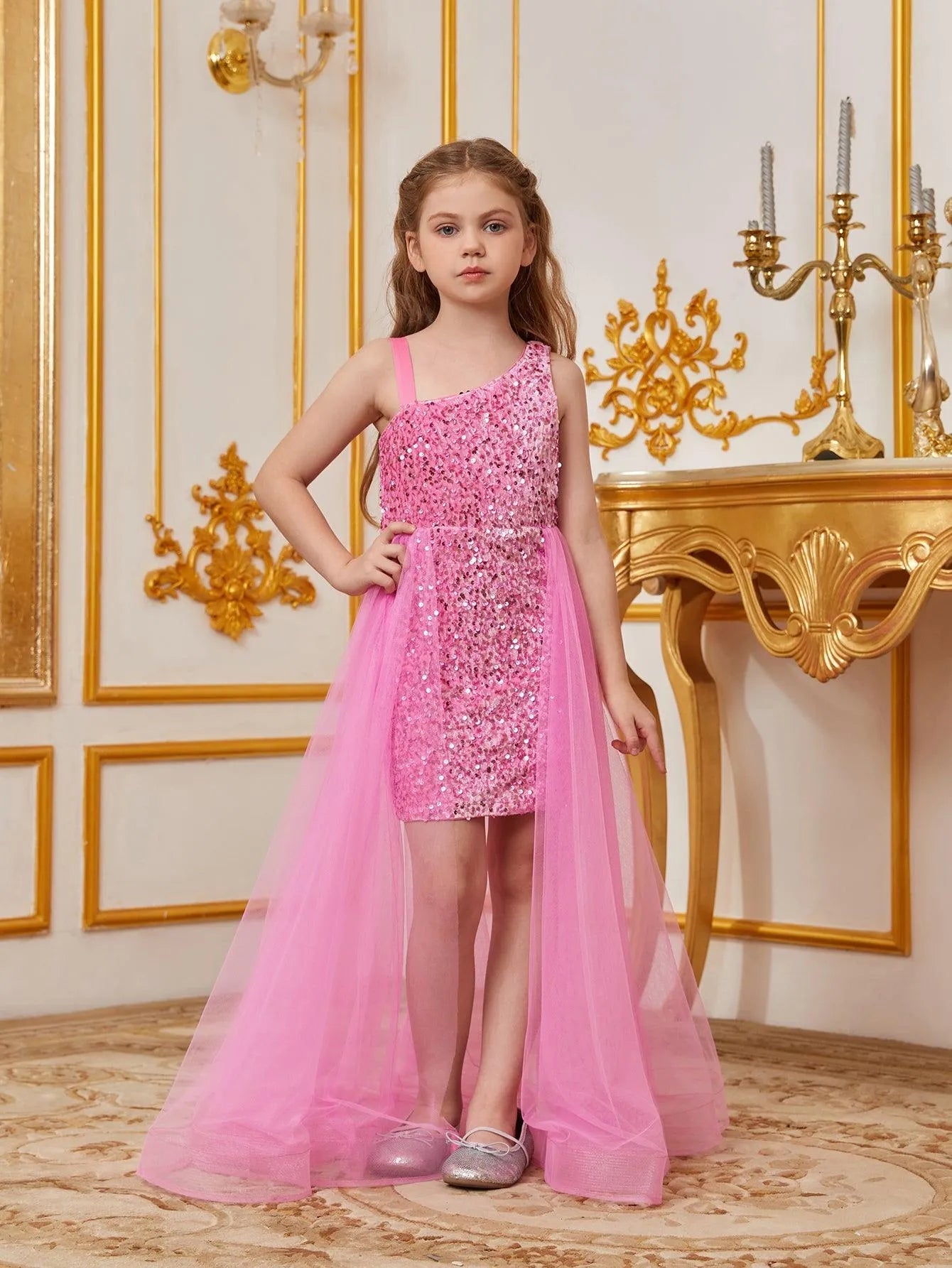 Tween Girls' Asymmetrical Neckline Mesh Overlay Sequin Dress