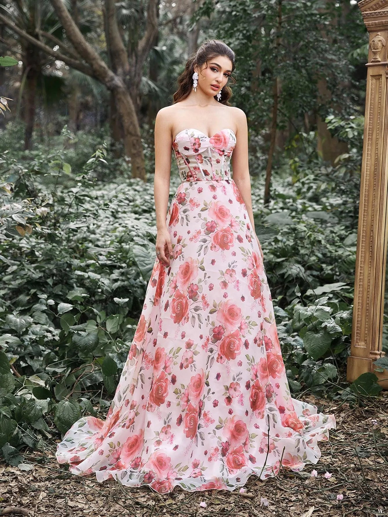 Elegant Lace UP Back Floral Printed Organza Prom Tube Dress