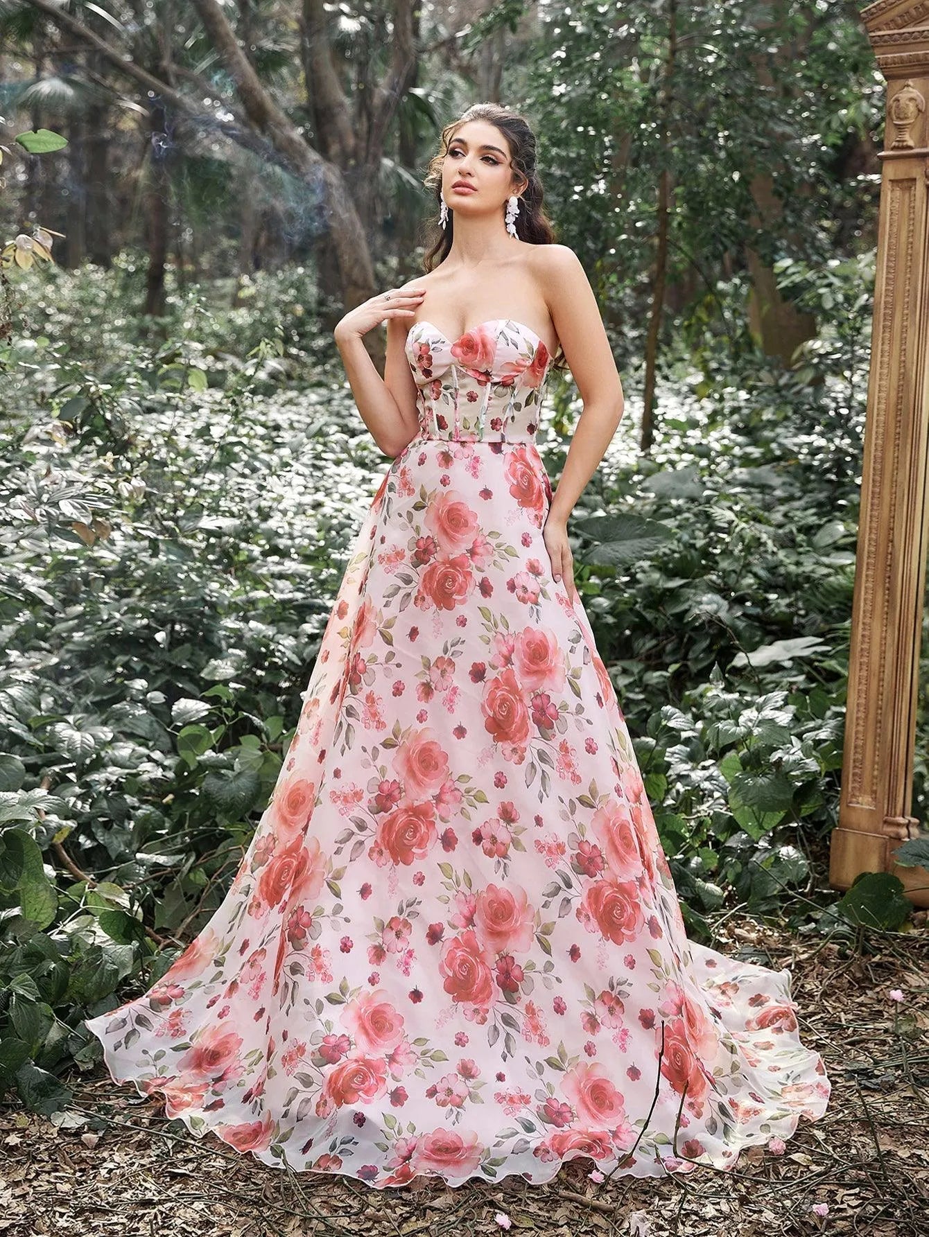 Elegant Lace UP Back Floral Printed Organza Prom Tube Dress