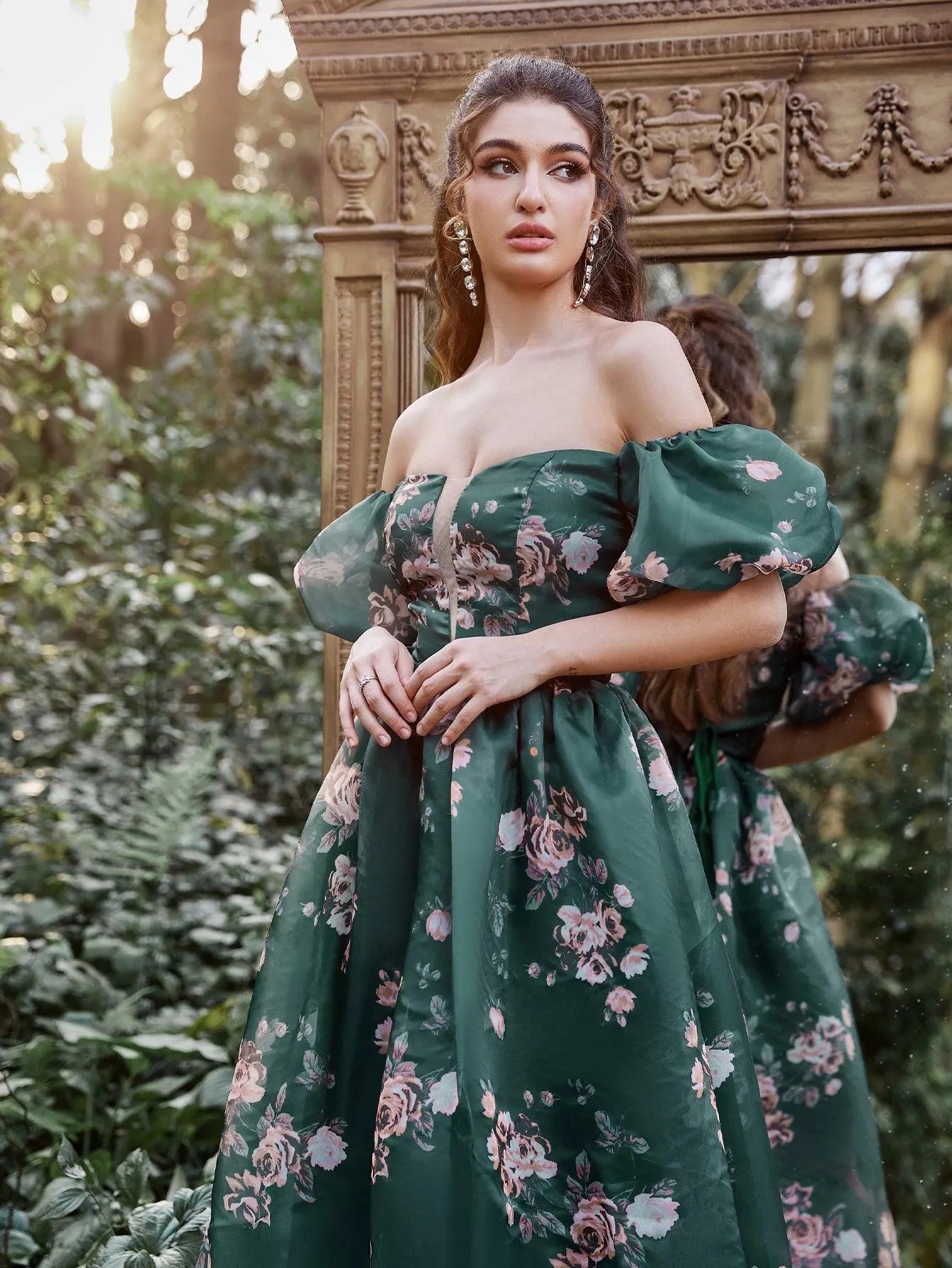 Gorgeous Off Shoulder Puff Sleeves Floral Organza Prom Dress