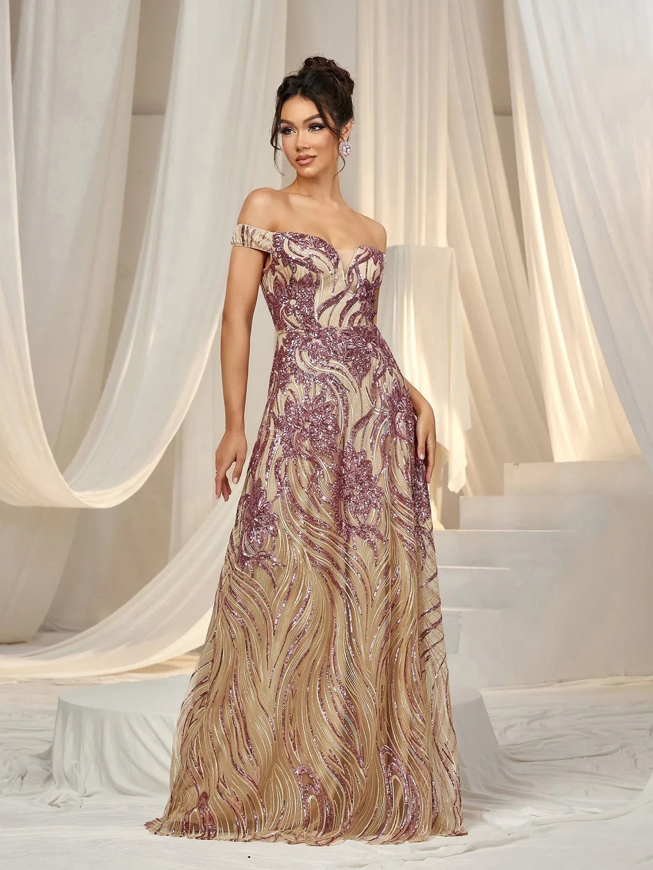 Elegant Off Shoulder Graphic Sequin Formal Prom Dress