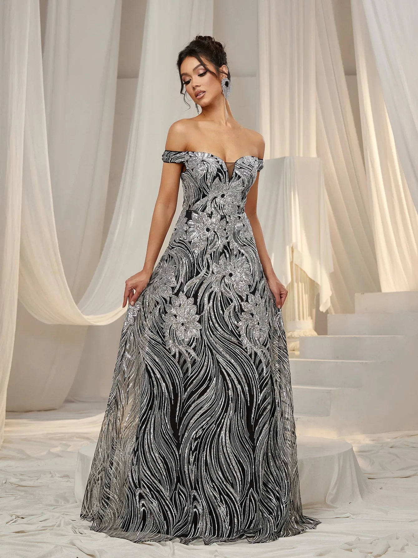 Elegant Off Shoulder Graphic Sequin Formal Prom Dress