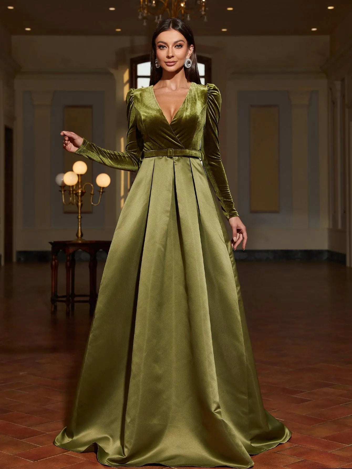 Surplice Neck Long Sleeves Belted Satin A Line Dress