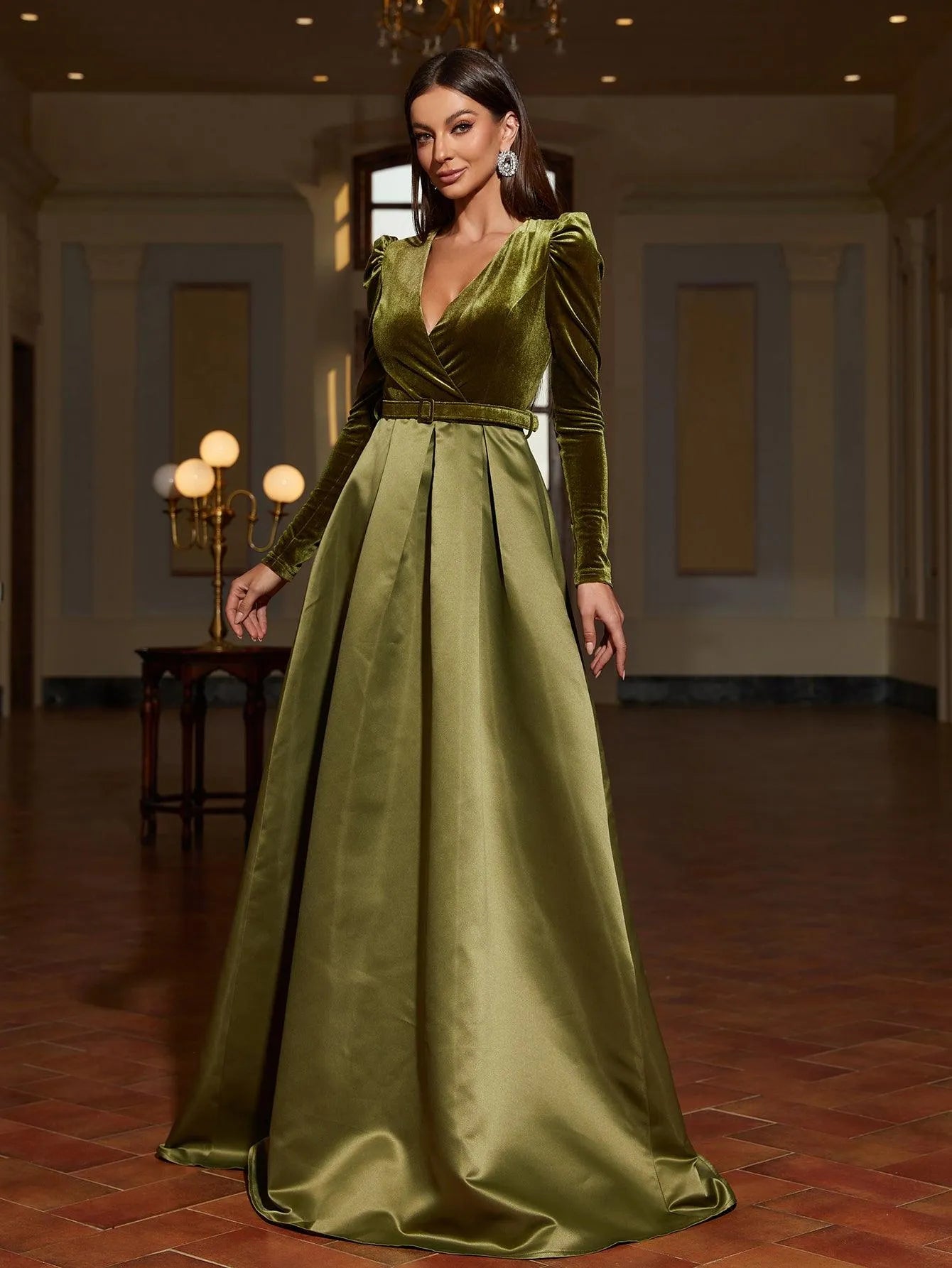 Surplice Neck Long Sleeves Belted Satin A Line Dress